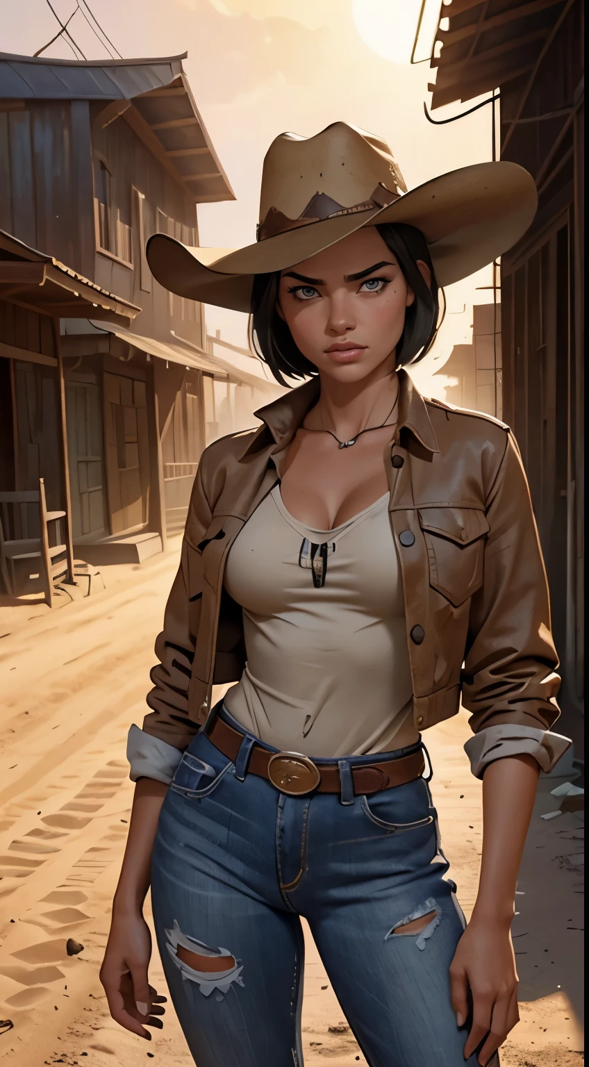 Foto hiperrealista en primer plano de Adriana Lima, masterpiece, best quality, (photorealistic:1.4), (cowboy outfit, jacket over shirt, cowboy hat) Create dystopian masterpieces. Western theme, dusty atmosphere, wooden buildings, a setting sun casting long shadows, aged and worn costumes, anticipation in the air, intense standoff, empty street, deserted town,beautiful woman, skinny, medium breasts, black short hair (bob short hair:1.2), detailed face, facing the camera, photo taken from a distance, age of 18 years old