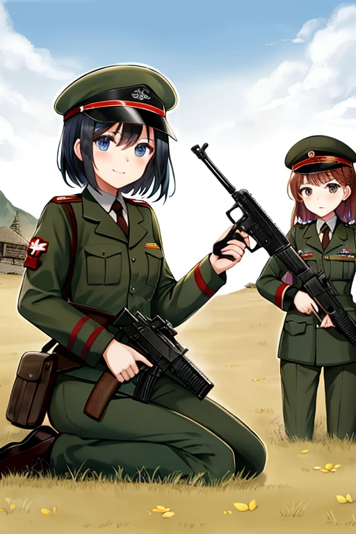 girls in second world war military uniform, holding weapons, on the battlefield