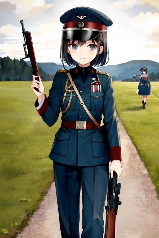 girls in second world war military uniform, holding weapons, on the battlefield