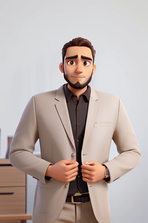 man without beard, light skin, dark brown eyes, no smile, short dark brown hair, black shirt and light beige blazer, forehead with an expression mark, with accounting office background