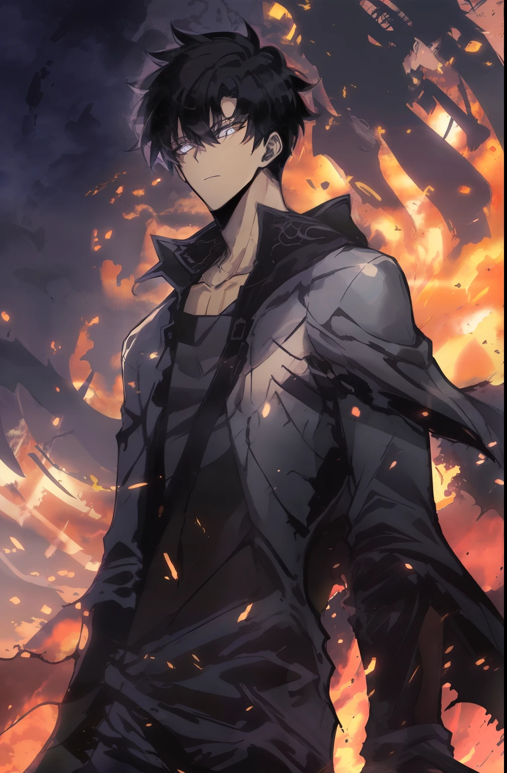 Anime character with black hair and black coat standing in front of a fire, badass anime 8 k, inspirado em Okumura Masanobu, fire!! corpo inteiro, Papel de parede anime 4k, fire behind him, 4k anime wallpapers, Anime Wallpaper 4k, 4 k manga wallpaper, Gatilho Estilo de Arte de Anime, cara bonito na arte demon slayer