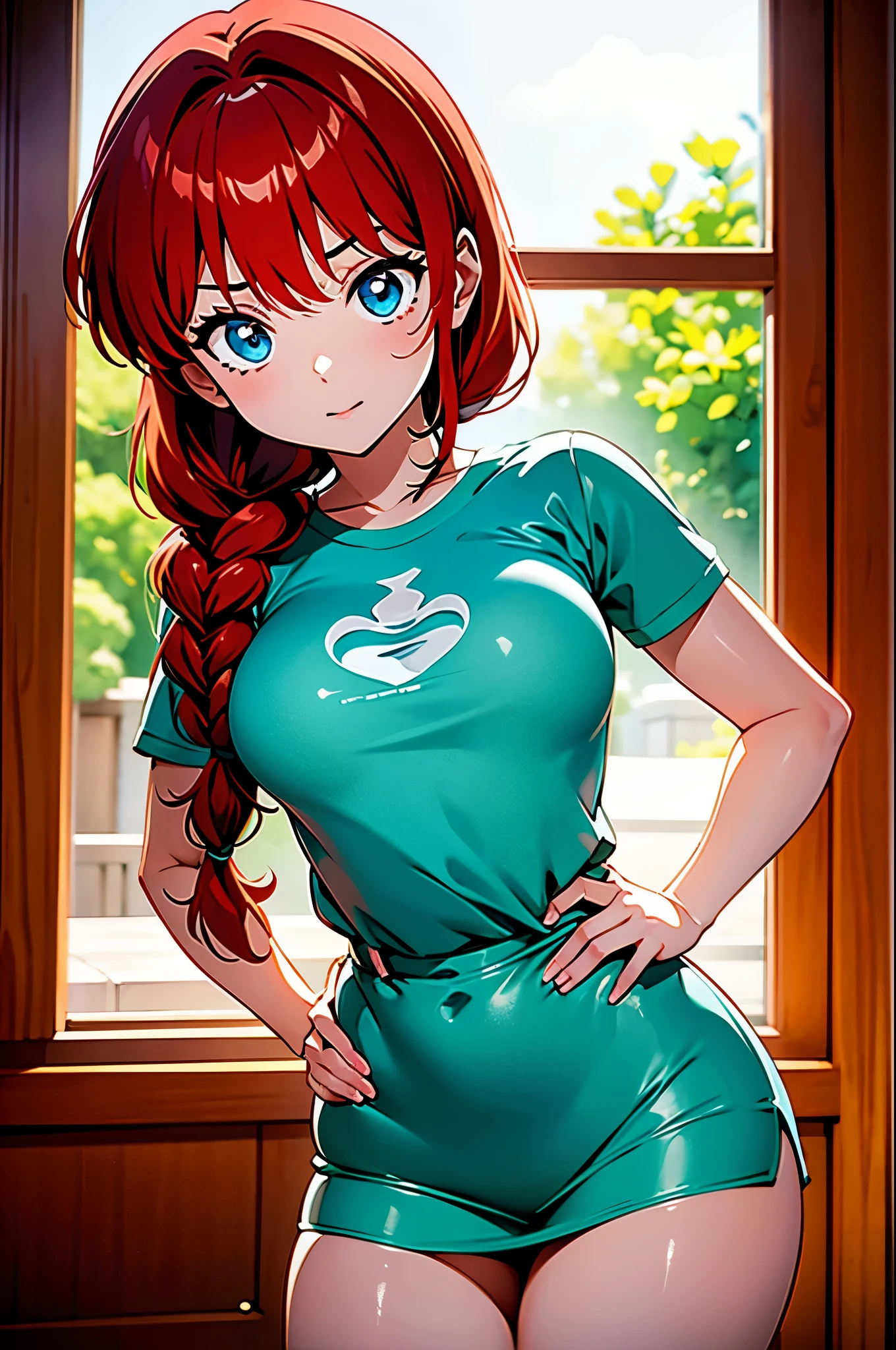 Garota anime ruiva vestindo blusa de latex brilhante rosa, garota *******, jovem, corpo perfeito,corpo com volume regular, pele clara, seios grandes aredondados, red hair with braid, beautiful lighting, olhos azuis, pernas bonitas, gachada, on your knees on the floor, hands on hip, hands on her waist, hair with a braid, estilo anime, Ranma Chan, Autora Rumiko Takahashi, Baseado em obra de Rumiko Takahashi, Anime ranma 1/2, seios grandes e redondos, decote sexy, belo quadril robusto, seios bonitos, seios Protuberantes, corpo inteiro, corpo completo, seios lindos