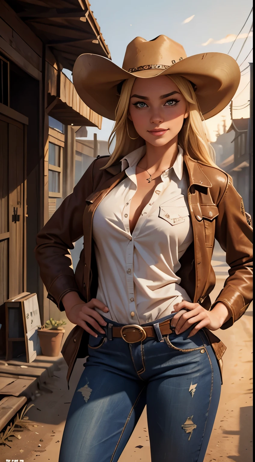 Foto hiperrealista en primer plano de Emily Sears, masterpiece, best quality, (photorealistic:1.4), (cowboy outfit, jacket over shirt, dirty pants, cowboy hat) Create dystopian masterpieces. Western theme, dusty atmosphere, wooden buildings, a setting sun casting long shadows, aged and worn costumes, anticipation in the air, intense standoff, empty street, deserted town, beautiful woman, skinny, large big breasts, straight blond hair, detailed face, smile, facing the camera, photo taken from a distance, age of 20 years old,