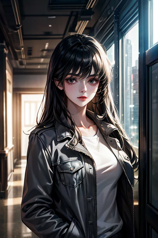 （The finest quality details，Beautiful image，8K，lifelike，dramatic lighting 1:1)(Digital art digital illustrations)，Inside the shelter，(cool dim lighting)， girl，grey jacket，Bangs，long black hair，Beautiful and delicate face，a chaotic dystopia，future，