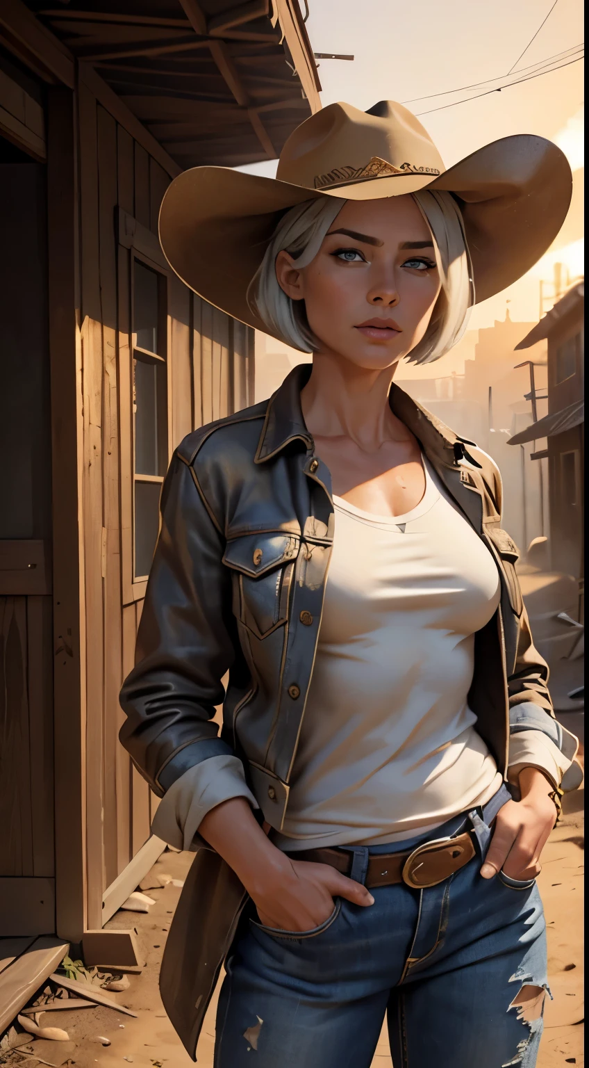RAW photo of 50 years old Doutzen Kroes, mature woman, masterpiece, best quality, (photorealistic:1.4), (cowboy outfit, jacket over shirt, dirty pants, cowboy hat) Create dystopian masterpieces. Western theme, dusty atmosphere, wooden buildings, a setting sun casting long shadows, aged and worn costumes, anticipation in the air, intense standoff, empty street, deserted town, beautiful woman, medium breasts, platinum hair, short short (bob haircut:1.2), wrinkles on the face,