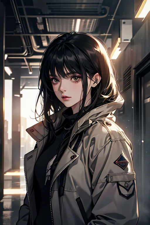 (The finest quality details,Beautiful image,8K,lifelike,dramatic lighting 1:1)(Digital art digital illustrations),Inside the shelter,(cool dim lighting),16 year old girl,grey jacket,Bangs,long black hair,Beautiful and delicate face,a chaotic dystopia,future,