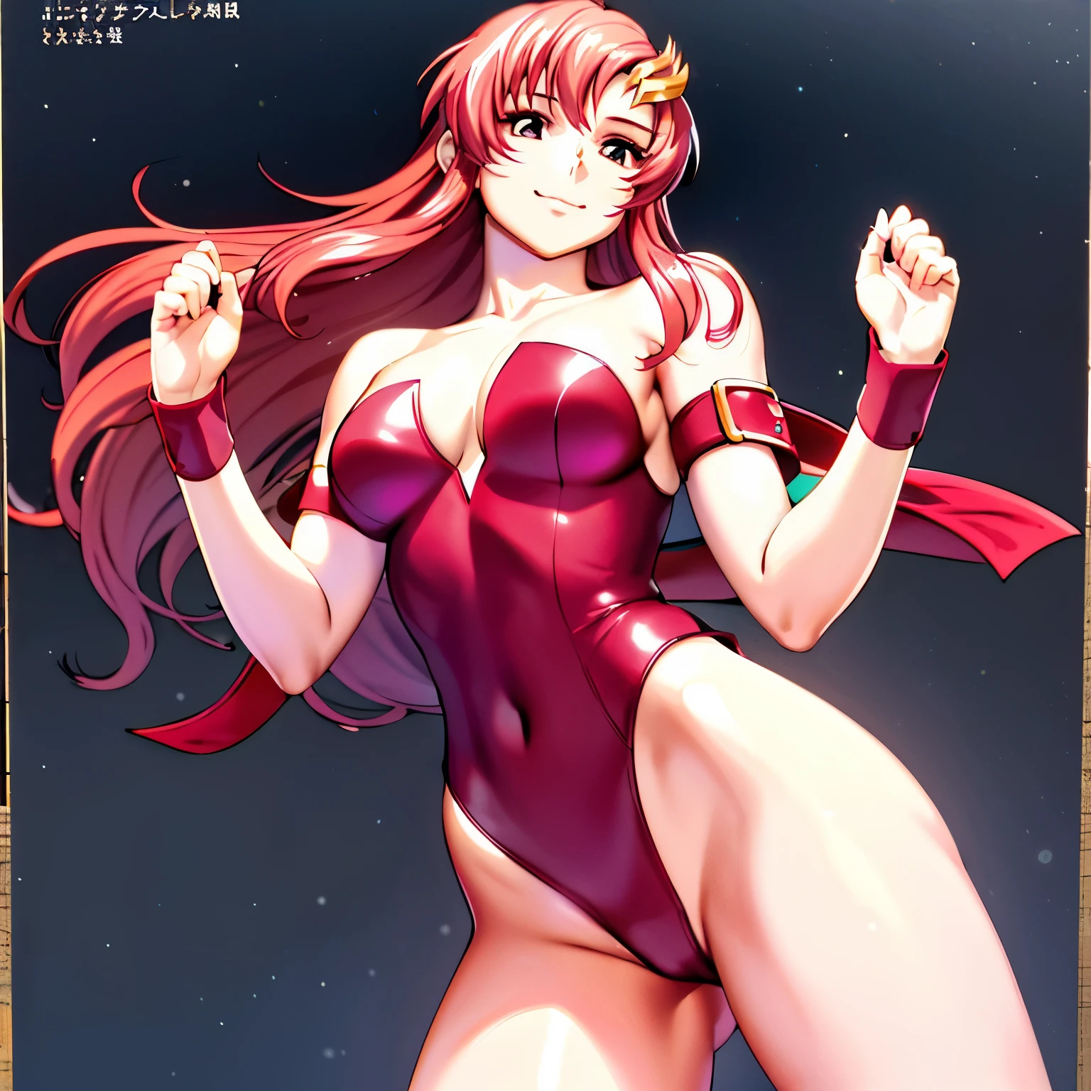 lacus4, solo, hands on stomach, (masterpiece, strapless, (very slim shoulders), 4K, Best Quality, Anime style: 1.9, happy, Adult Woman, (ultra detailed head), (cloud background, white skin), Drawing lines, high resolution, lacus4), 1girl, Solo, curvy figure, Long hair, 鎖骨, scapular, (Detailed wide hair bangs, Hair Ornament, Detailed reddish-pink hair, shiny streaks, slim arms, detailed golden crest), cleavage, large hands, (hair cover shoulders). (Big blue eyes, shiny eyes), ((female wrestler, (slim body), little biceps, slim arms, closed fists, thighs)), ((perfect proportions, medium breasts, long belly)), (((very tight leotard, crimson strapless leotard, red arm band, neck band))), smile, (standing, hot colors), detailed fingers, (bare shoulders)