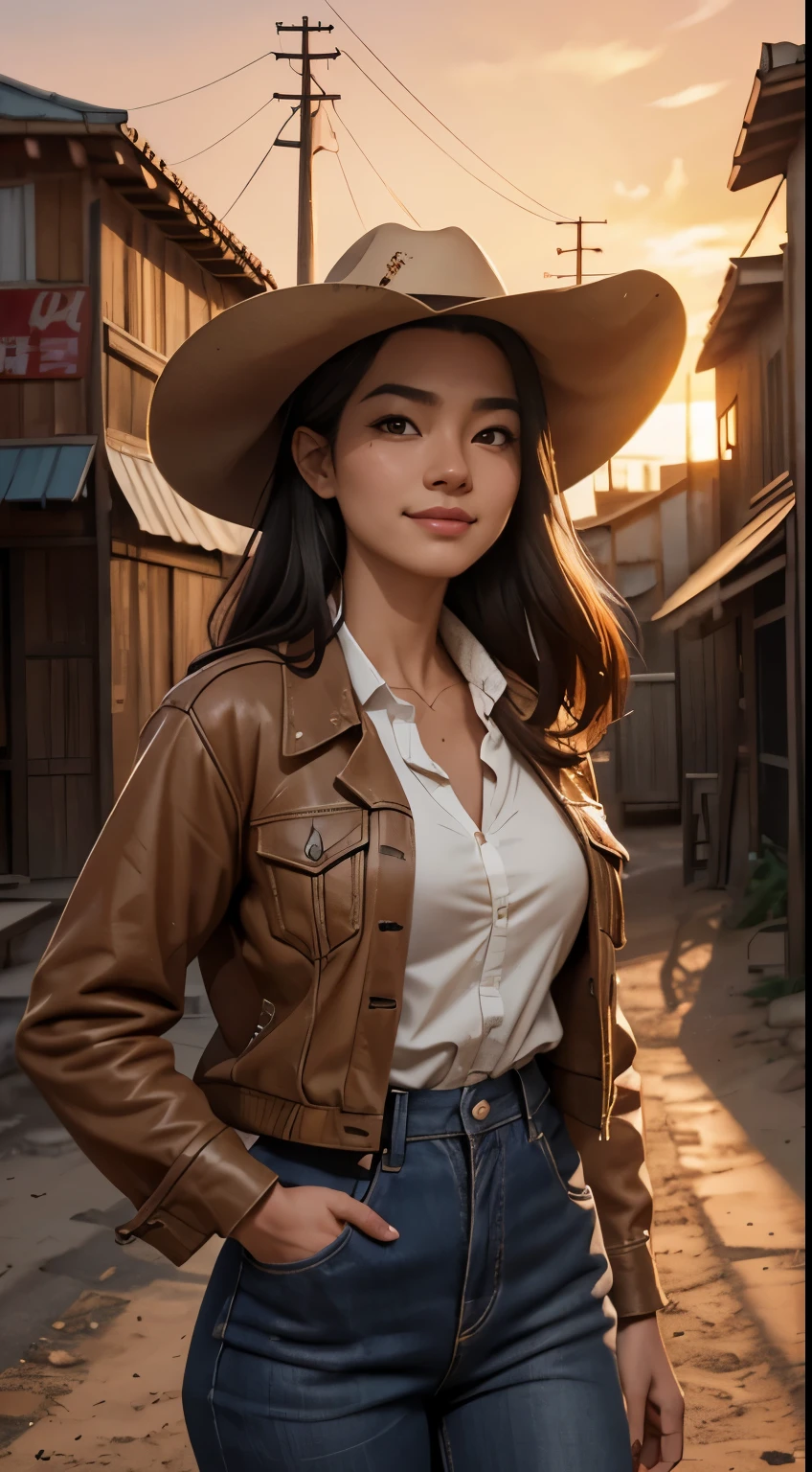 Foto hiperrealista en primer plano de Kim Ji-soo from Korea, masterpiece, best quality, (photorealistic:1.4), (cowboy outfit, jacket over shirt) cowboy hat, Create dystopian masterpieces. Western theme, dusty atmosphere, wooden buildings, a setting sun casting long shadows, aged and worn costumes, anticipation in the air, intense standoff, empty street, deserted town, beautiful woman, skinny, large big breasts, black long hair, detailed face, smile, facing the camera, photo taken from a distance, age of 25 years old