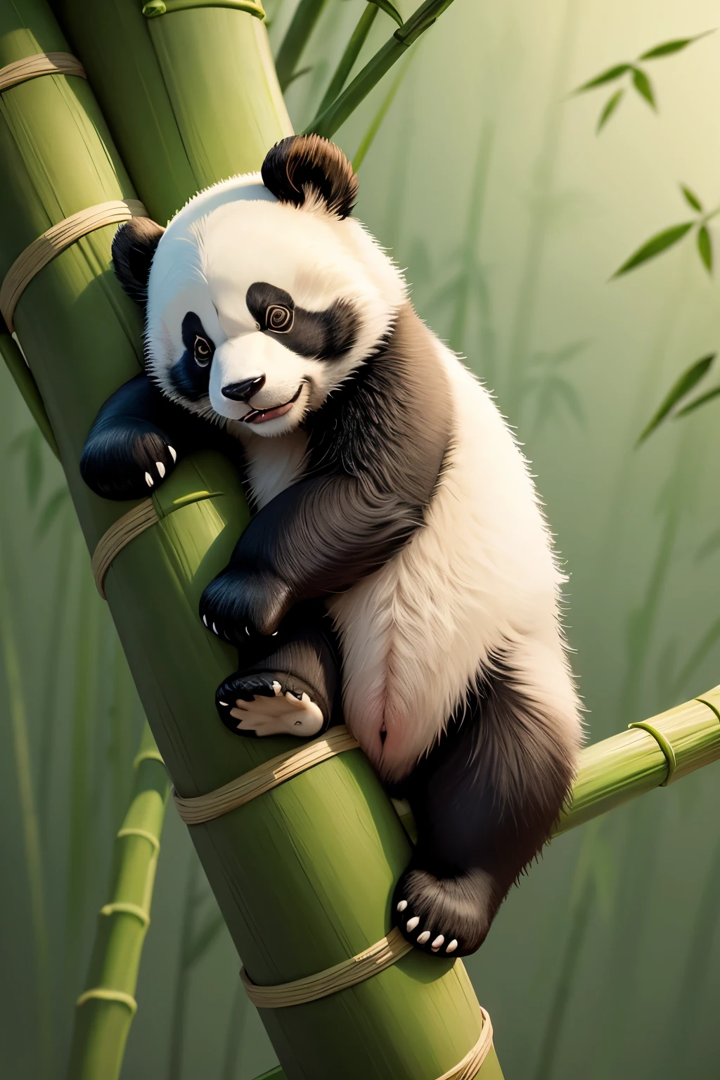 Insane and lazy panda lying down in a bamboo treee