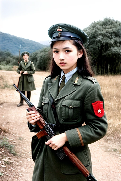 girls in second world war military uniform, holding weapons, on the battlefield