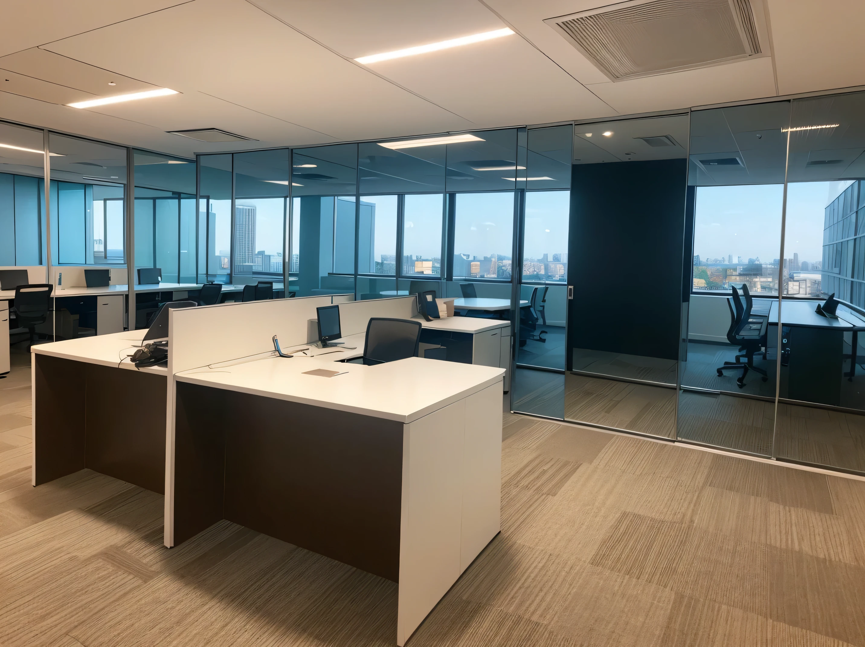 (a busy corporation office): modern office building, floor-to-ceiling windows, bustling open workspace, glass meeting rooms, sleek office furniture, high-tech equipment, shiny laptops, people in professional attire, focused individuals, collaborative teamwork, brainstorming sessions, productive environment, workstations with dual monitors, standing desks, natural lighting, motivational posters, whiteboard walls, coffee and snack stations, work-life balance, innovative ideas, efficient communication, successful projects, career growth opportunities