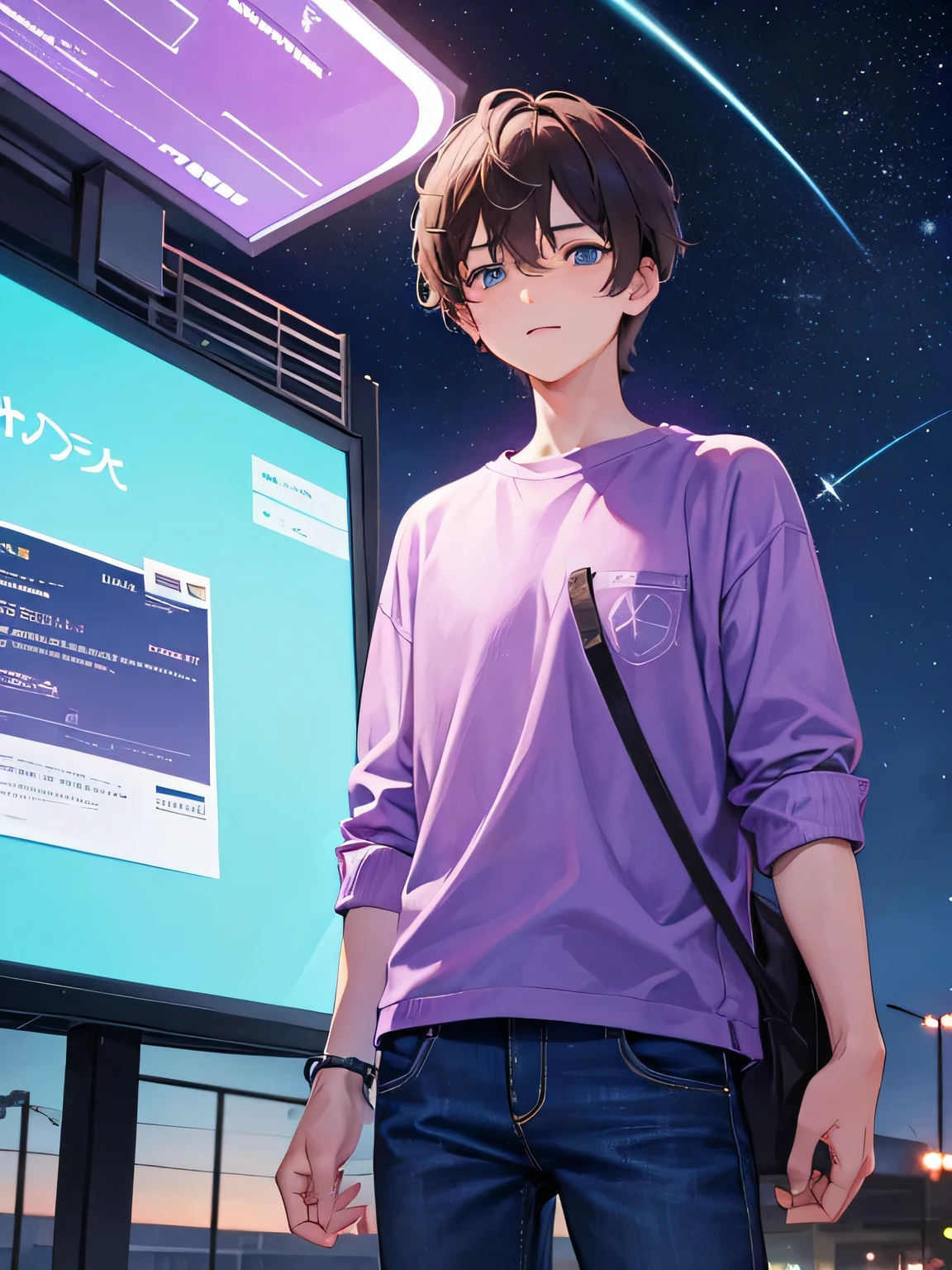 1 chico, Short brown hair, ojos turquesas, camisa morada, Usar morado en las orejas, vaqueros, Bus stop, cielo nocturno estrellado, absurdos, high resolution, ultra-sharp, 8k, obra maestra, mirando diagonalmente al cielo.