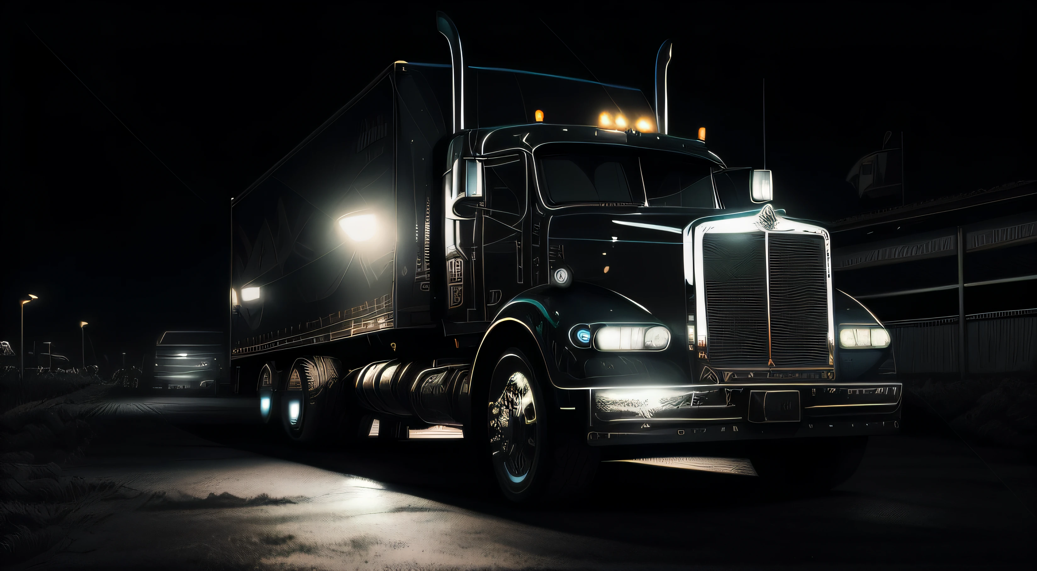 Araf truck parked in parking lot at night with headlights on, Truck, imagem do produto de alta qualidade", photo rendering, detailed high contrast lighting, foto de retrato, estoque, reboque, high contrast cinematic lighting, dramatic art, at night, dramatic contrast lighting, hd illustration, Rendering, night time, photo illustration, dramatic high-contrast lighting, tiro noturno, O melhor no Adobe Stock