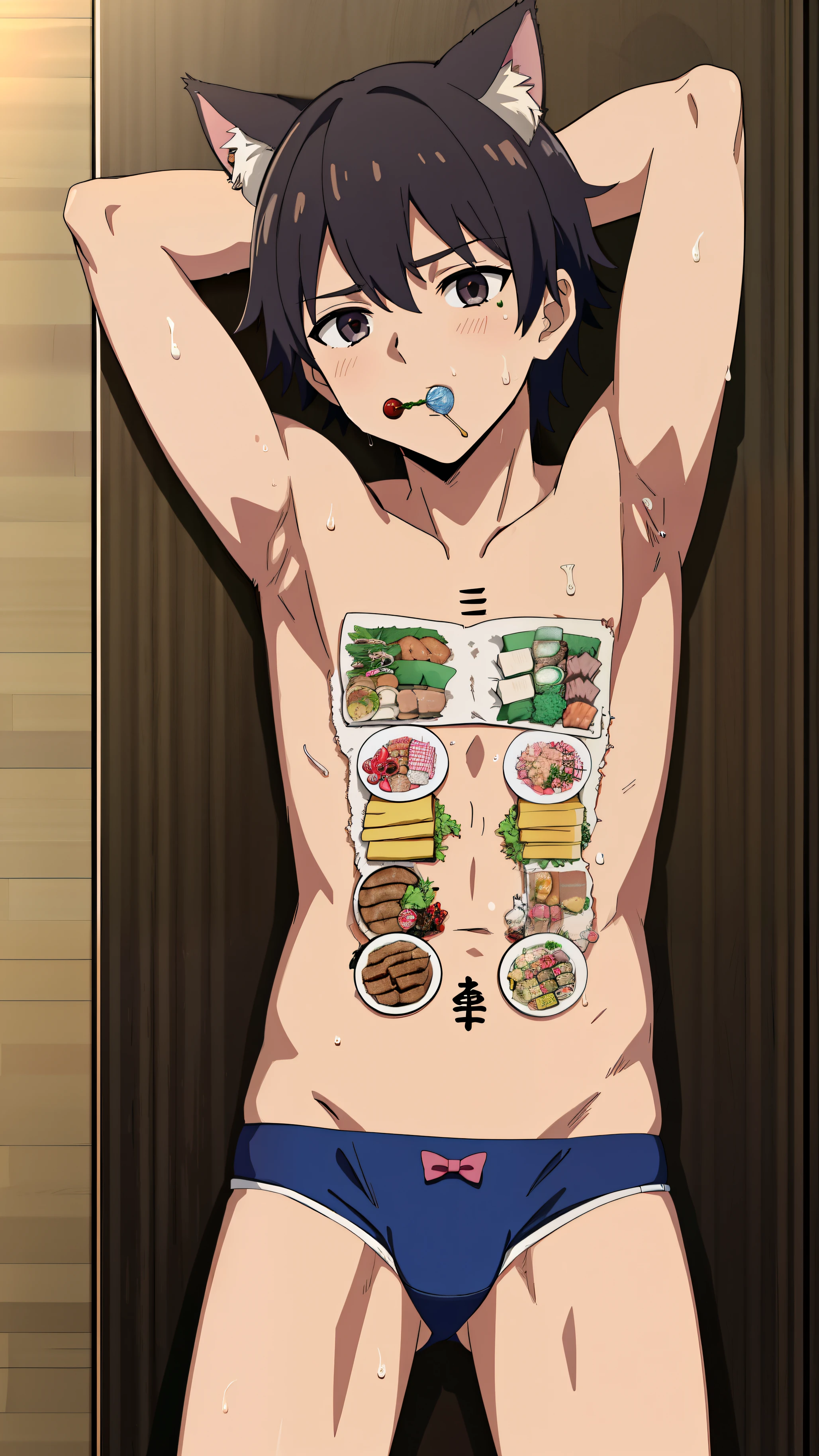 Highres, Masterpiece, Best quality at best,Best Quality,hight quality, hight detailed, 1boy, Shota, Cat ear, Nyotaimori, On table, (Food on his body), (very young boy), Underwear, s, Armpit, hansome, Sweat