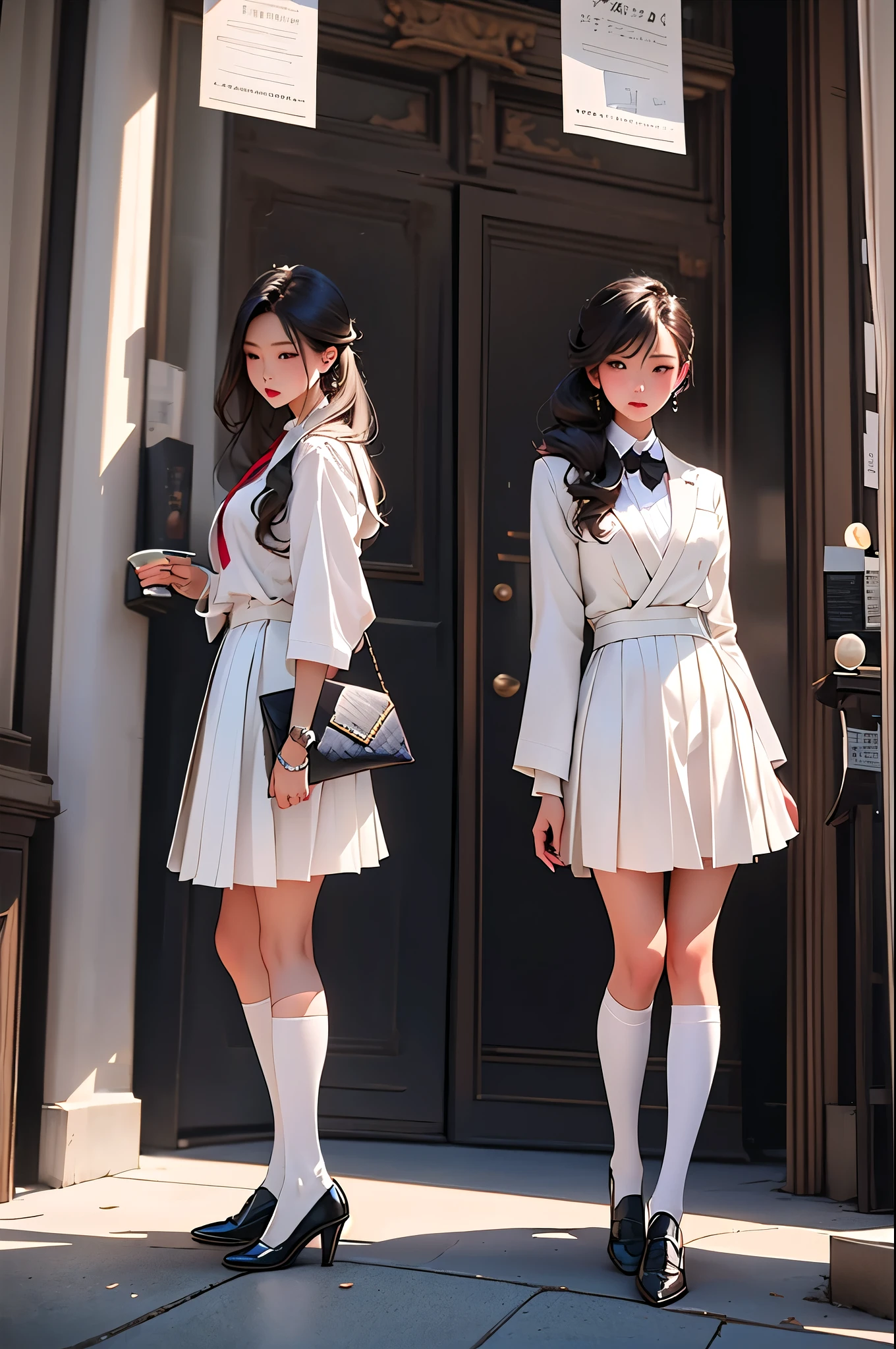 "Miyuki in a dual portrayal: one side showing her in elite private high school uniform, crisp white blouse, navy blue pleated skirt, knee-high socks, and polished black loafers, hair in a ponytail, school blazer draped over her arm, embodying poise and elegance, and the other side transformed into a vision of luxury with her tech billionaire sugar daddy, in a sleek black backless cocktail dress, stiletto heels, hair in soft waves, adorned with a diamond necklace and high-end watch, designer clutch in hand; both in a photorealistic image, contrasting high-end fashion and Japanese school uniform styles, full body shot, split 50mm and 70mm lens, natural lighting on the school uniform side and elegant, sophisticated lighting on the luxury side, high resolution 8K, capturing the stark contrast between Miyuki's  innocence and her sophisticated, elegant transformation (high-end fashion vs. Japanese school uniform fashion:1.4), (elegance and sophistication vs. poise and innocence:1.3)"