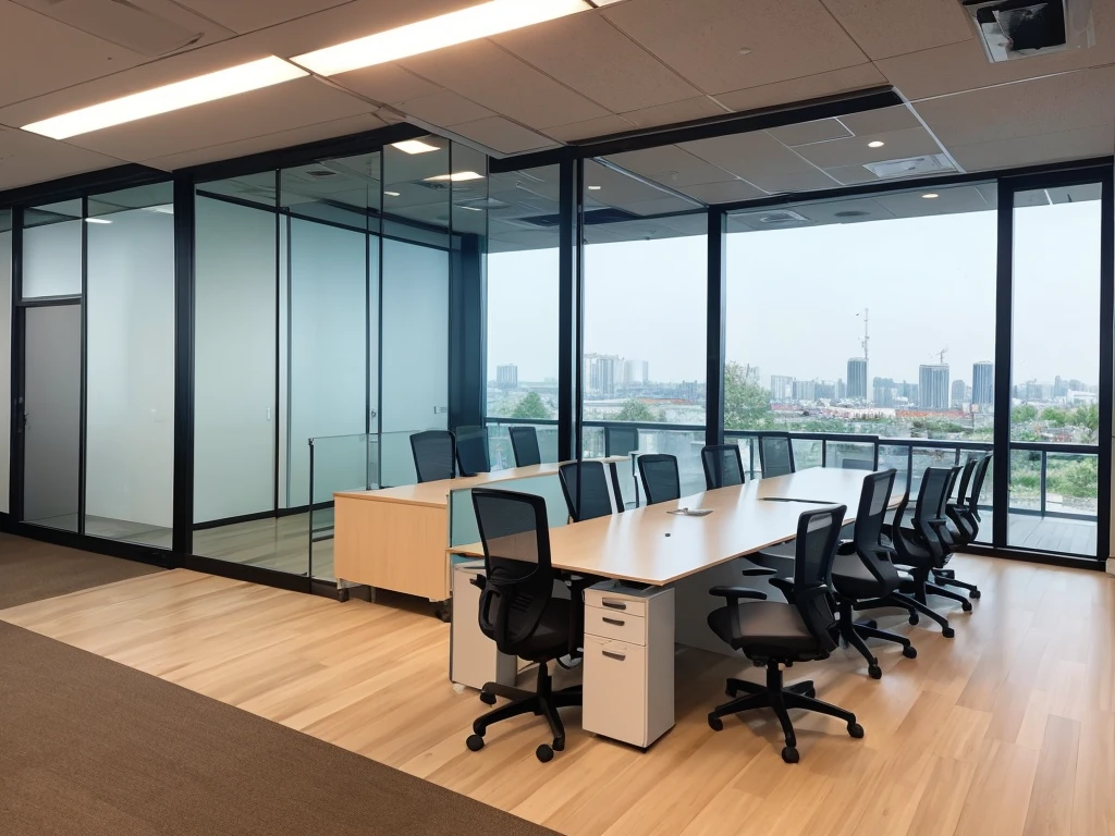 (a professional team working in an office environment),(modern glass and steel office building),(busy employees in business attire),(innovative technology and equipment),(open plan workspaces and collaborative areas),(large conference rooms for meetings and presentations),(comfortable and ergonomic furniture),(bright and natural lighting),(efficient and organized workstations),(creative and inspiring decorations),(motivated and productive atmosphere),(neutral and sophisticated color scheme),(excellent communication and teamwork),(cutting-edge digital tools and software),(high-speed internet and reliable connectivity),(clean and tidy work environment),(strict adherence to deadlines and targets),(professional and respectful work culture),(continuous learning and skill development),(supportive and inclusive workplace),(emphasis on work-life balance)