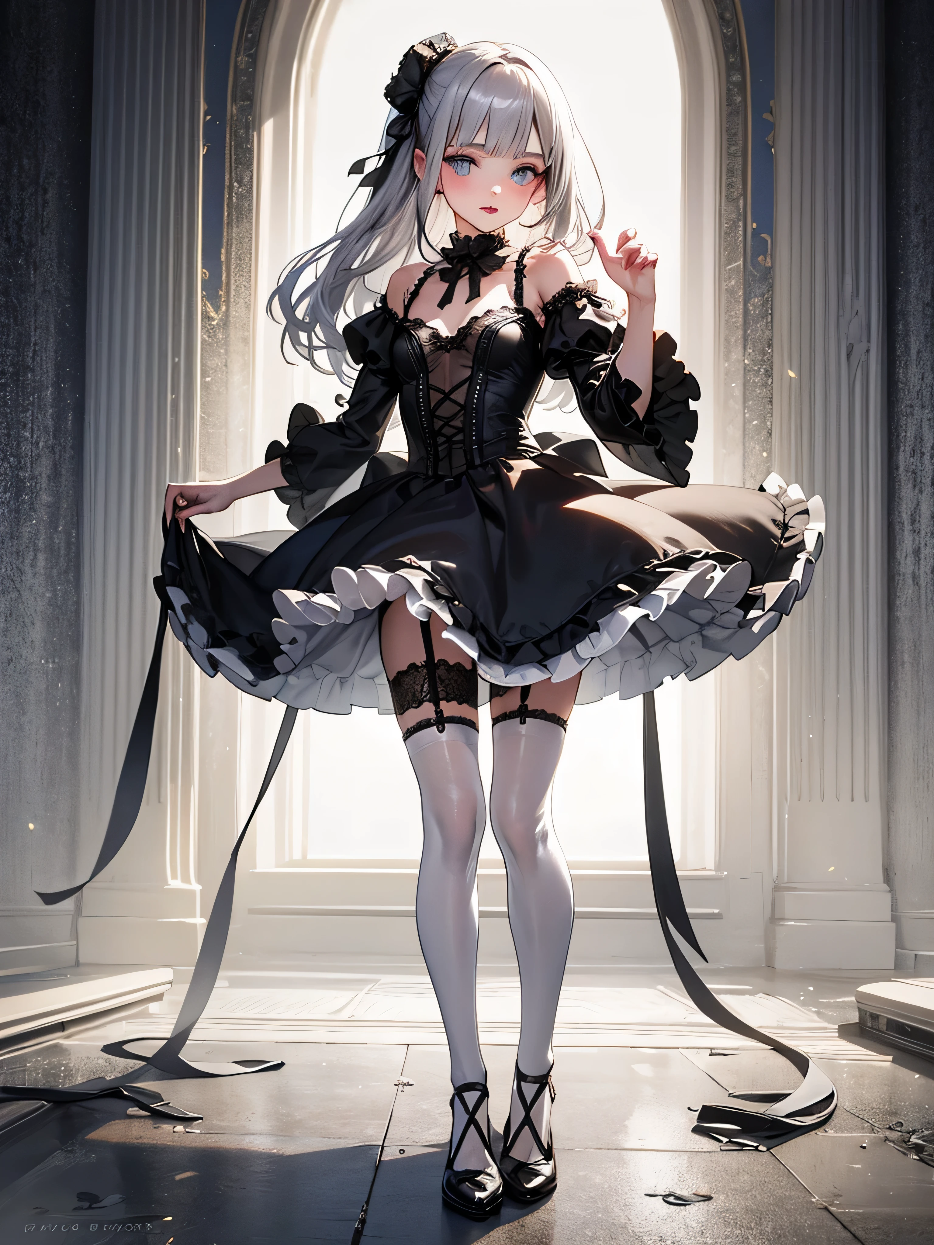 highest quality,In 8K,High resolution,((masterpiece:1.2)),(Photoreal:1.4), (masterpiece, side light, exquisite beautiful eyes: 1.2), masterpiece*portrait, realistic, 3d face, shining eyes, shiny hair, Glossy skin,alone,full body portrait,Standing position,Very beautiful and cute 16 year old girl,attractive oval face,double eyelid,deep blue eyes,rosy lips,small nose,bright silver hair,straight long hair,slender body,small breasts,black gothic lolita style dress(Lots of luxurious frills and delicate lace),panniers,white stockings,garter belt