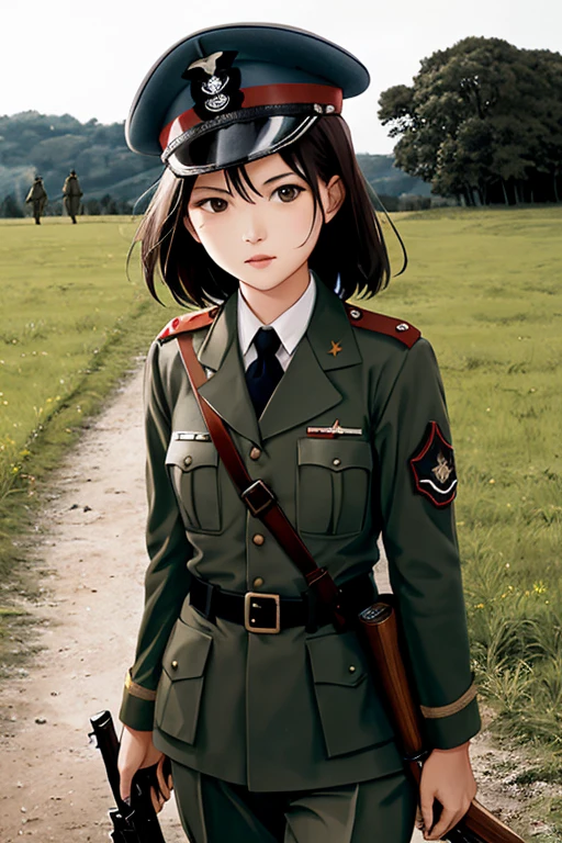 girls in second world war military uniform, holding weapons, on the battlefield