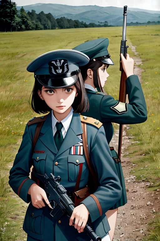 girls in second world war military uniform, holding weapons, on the battlefield