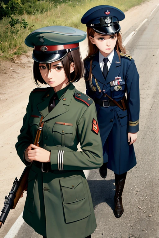 girls in second world war military uniform, holding weapons, on the battlefield