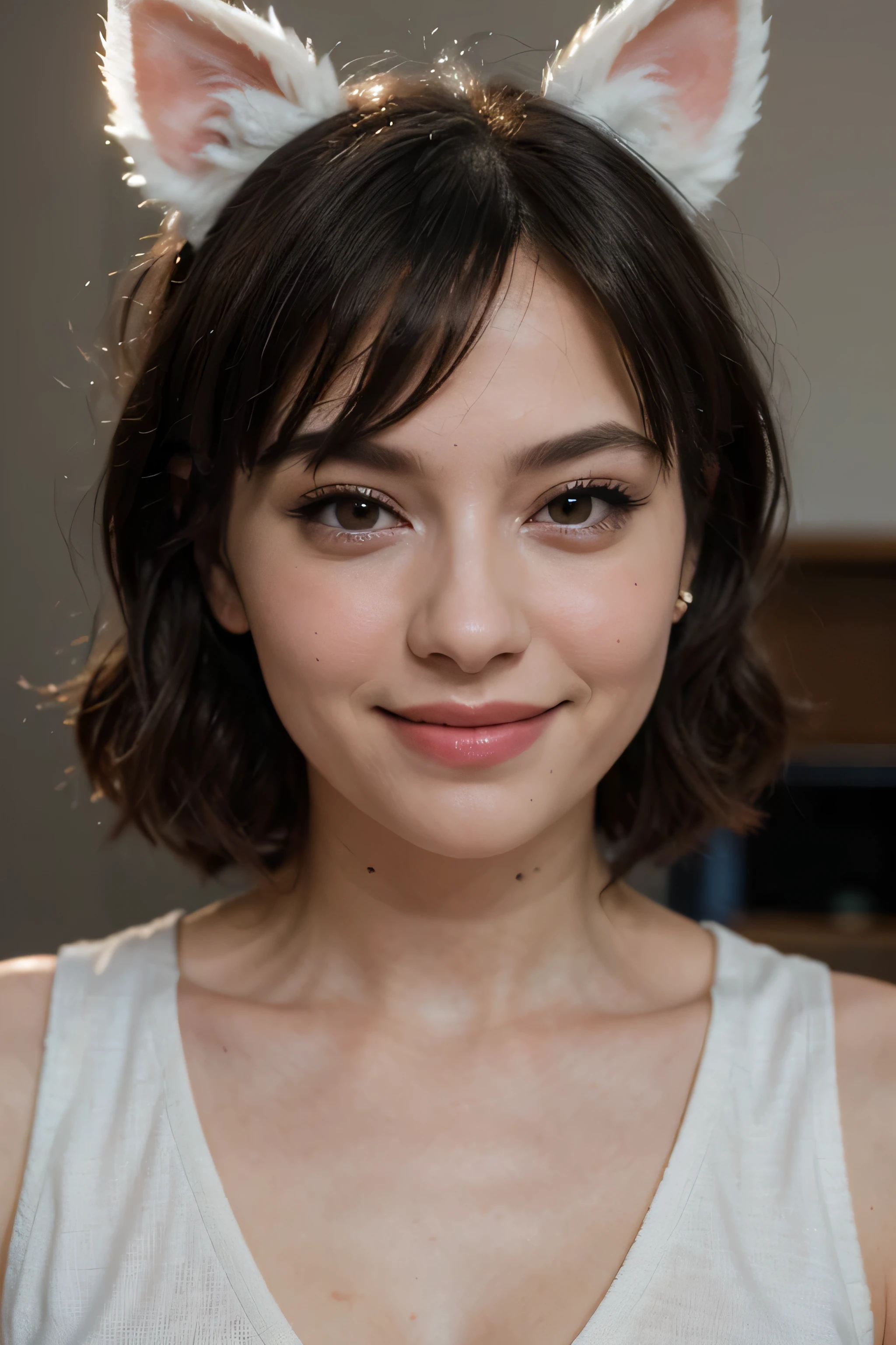 , rosto perfeito black hair, hair bobbles, wince, longeyelashes, solid circle eyes, fake animal ears, light smile, ear blush, fang, Surrealism, drop shadow, anaglyph, stereogram, tachi-e, pov, atmospheric perspective, 8k, super detail, ccurate, best quality