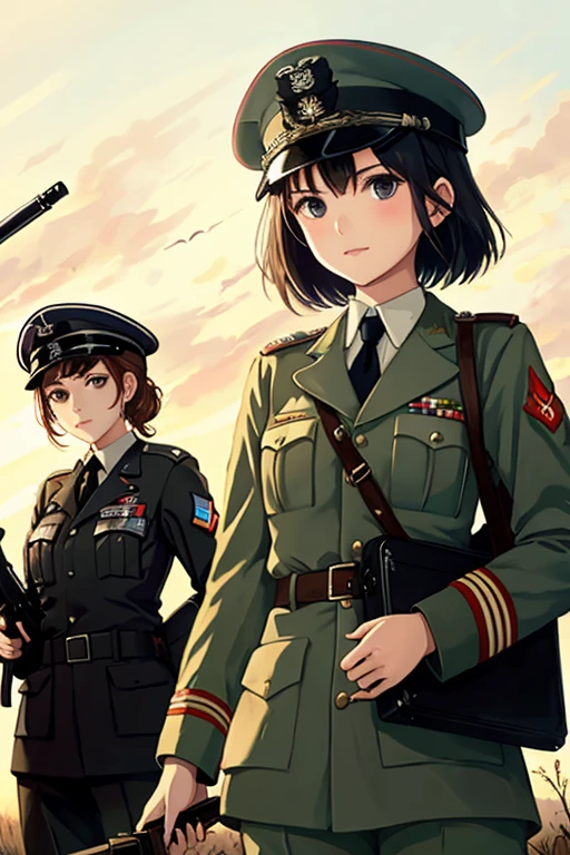 girls in second world war military uniform, holding weapons, on the battlefield