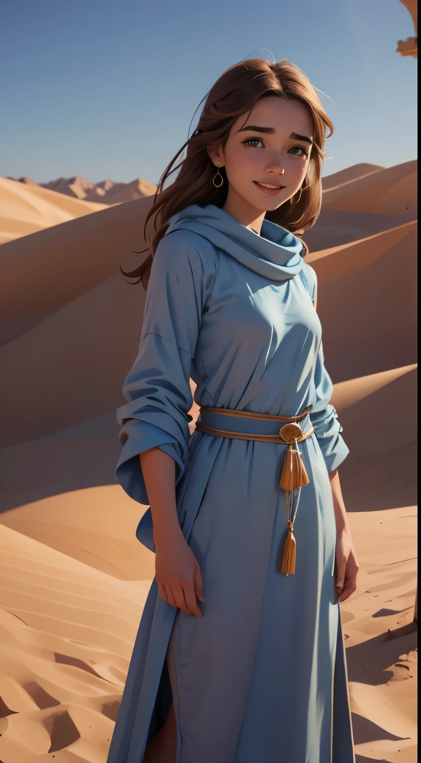 Foto hiperrealista en primer plano de Willa Fitzgerald, Create dystopian masterpieces. in a full cover bedouin bedouin costume (light blue long tunic) on the desert, beautiful woman, skinny, small breasts, straight brown hair, detailed face, smile, photo taken from a distance, age 20 tears old