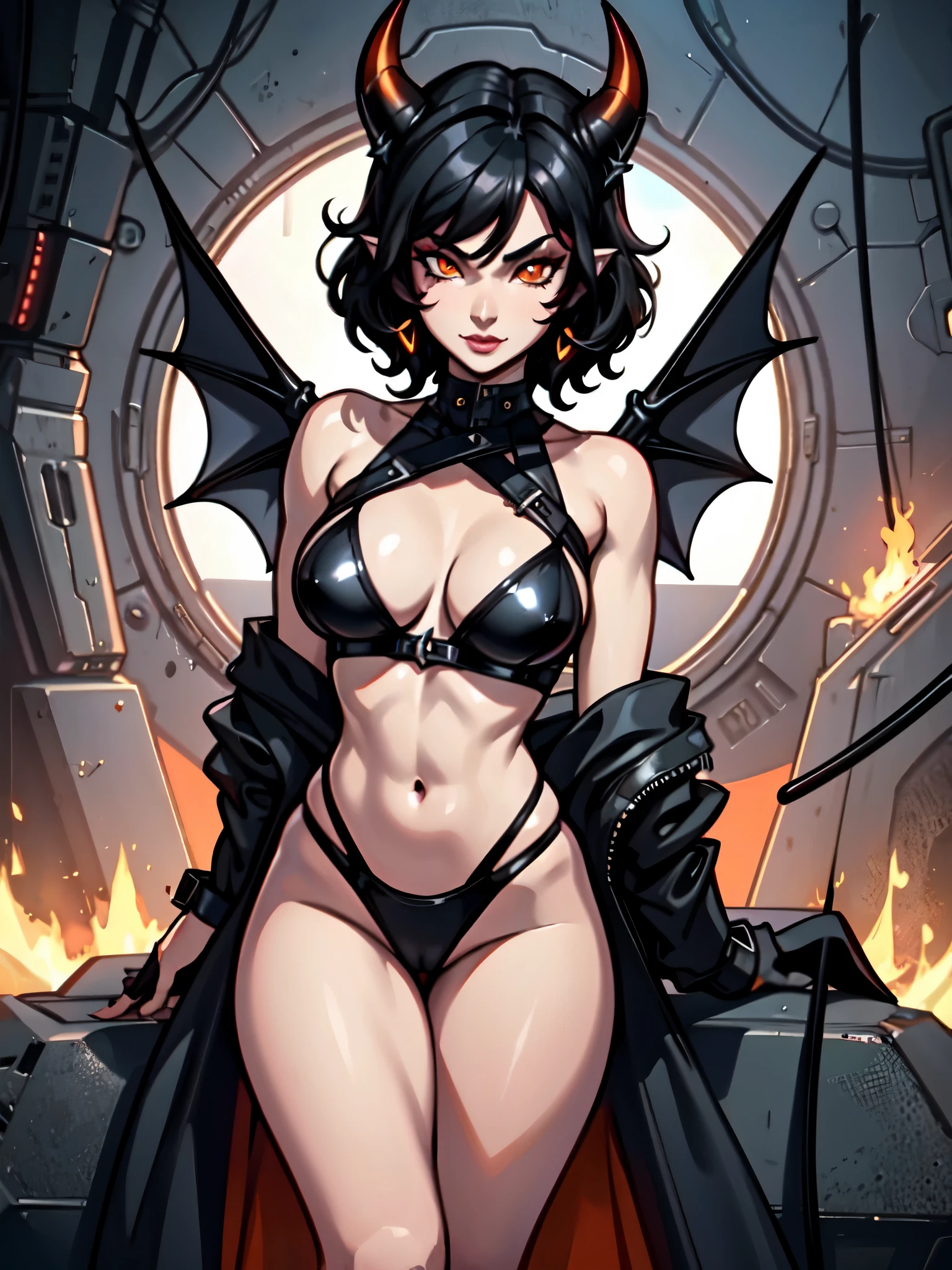 A (young) Succubus, with short dark (black hair), orange (fiery) eyes, pale skin, curvy (athletic) body, (demon ears), (ebony) black horns, (slutty thief), (sexy) black bikini, (lust) demon, (Sci-fi) fantasy, (close-up) shot, perfect composition, 4K, flawless quality, (perfect eyes), trending art, sharp focus, studio photo, (pin-up) pose, NSFW