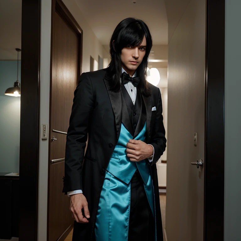 Tall fantasy style male with medium length black hair, has long bangs over his cerulean eyes and is wearing a tuxedo