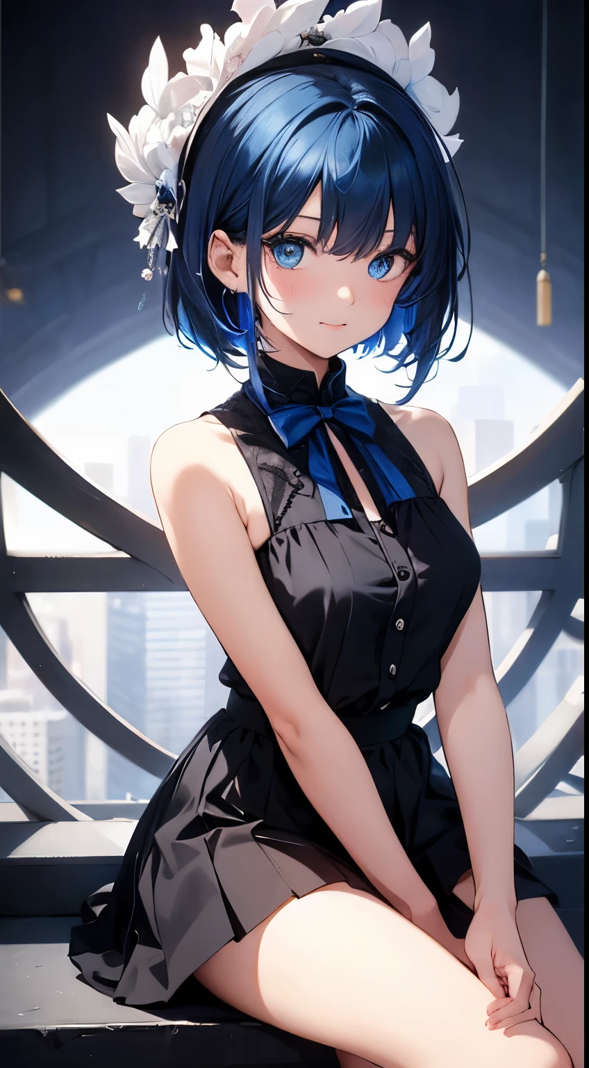 ​masterpiece、top-quality、Movie stills、One girl、、(a closeup:1.1)、发光、Happiness、A delightful、Soft lighting、(Bauhaus、form、Line、abstracted:1.1)Gilji Blue Hair Short Hair、butterflys々、Black long skirt((​masterpiece)), deadpan, (((top-quality))), ((illustratio)),
1girl in,, ((独奏)), (详细的脸), (Beautiful details), Bright eye, blue eyess, ((dishevled hair)), 
A smile、blank stare、sitting on、((Facing to the side))、
Bow Tie Hair Band、Black transparent skirt、noble、Mystical、
Bright background、write、
(magazine:1.1), (cover-style:1.1), Fashionable, femele, with a vibrant, outfits, the pose, the front, Colorful, Dynamic, Background with, element, I'm confident, expresive, ngel, statement, accessorized, An majestic, coiled, surroundings, Touch, The scene, Texto, covers, It's bold, captures the attention, Titles, Stylish,  Catchy, headline, The large, Impressive, moderno, Trendy, Focus, lo fashion,Gilji Bluehair Shorthair、Gilji Blue Hair Short Hair、Gilji Bluehair Shorthair, Wearing a suit