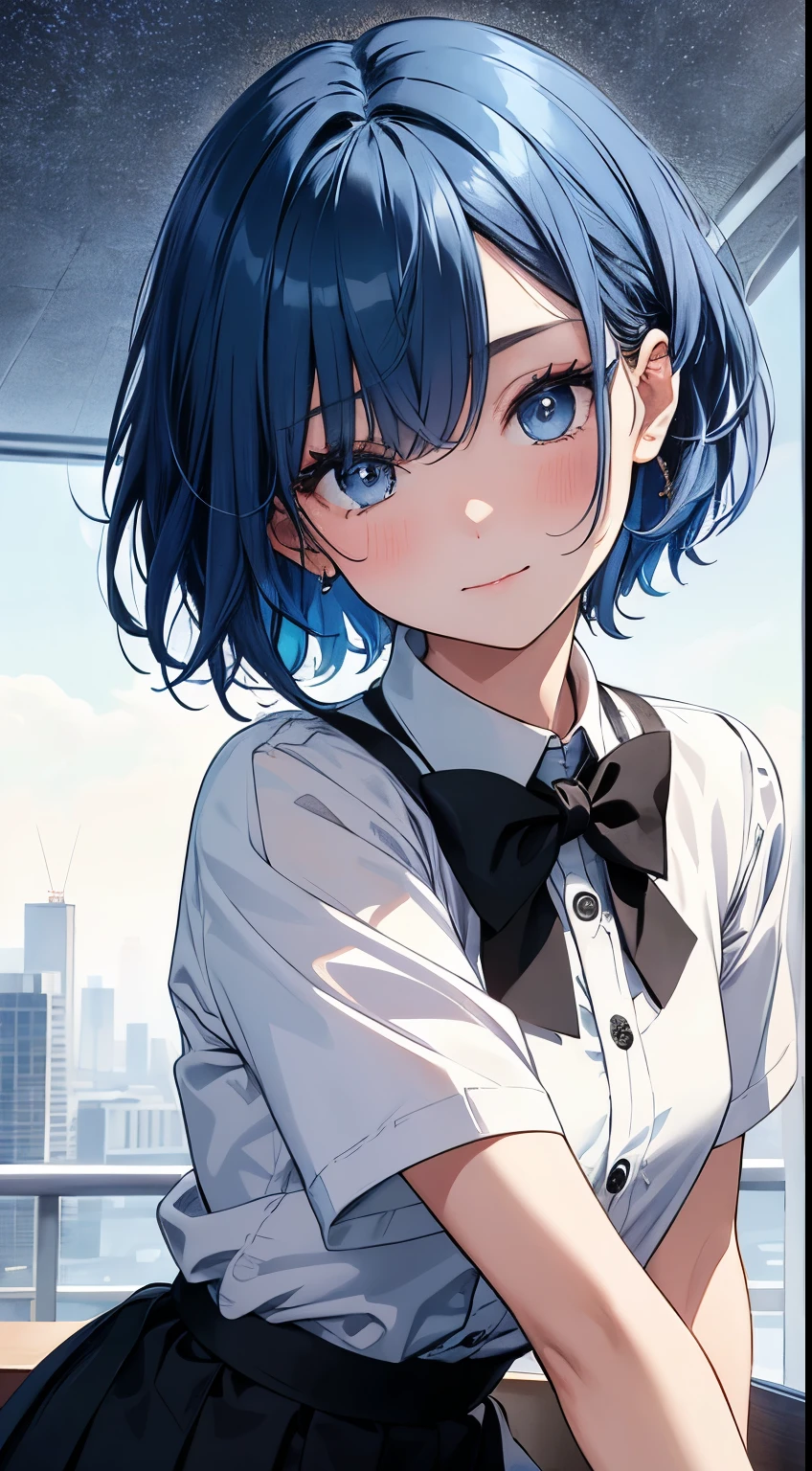 ​masterpiece、top-quality、Movie stills、One girl、、(a closeup:1.1)、with light glowing、Happiness、A delightful、Soft lighting、(Bauhaus、form、Line、abstracted:1.1)Gilji Bluehair Shorthair、butterflys々、Black long skirt((​masterpiece)), deadpan, (((top-quality))), ((illustratio)),
1girl in,, ((独奏)), (详细的脸), (Beautiful details), Bright eye, blue eyess, ((dishevled hair)), 
A smile、blank stare、sitting on、((Facing to the side))、
Bow Tie Hair Band、Black transparent skirt、noble、Mystical、
Bright background、write、
(magazine:1.1), (cover-style:1.1), Fashionable, femele, with a vibrant, outfits, the pose, the front, Colorful, Dynamic, Background with, element, I'm confident, expresive, ngel, statement, accessorized, An majestic, coiled, surroundings, Touch, The scene, Texto, covers, It's bold, captures the attention, Titles, Stylish,  Catchy, headline, The large, Impressive, moderno, Trendy, Focus, lo fashion,Gilji Blue Hair Short Hair、Gilji Bluehair Shorthair、Gilji Blue Hair Short Hair, (Wearing a formal suit:1.3)