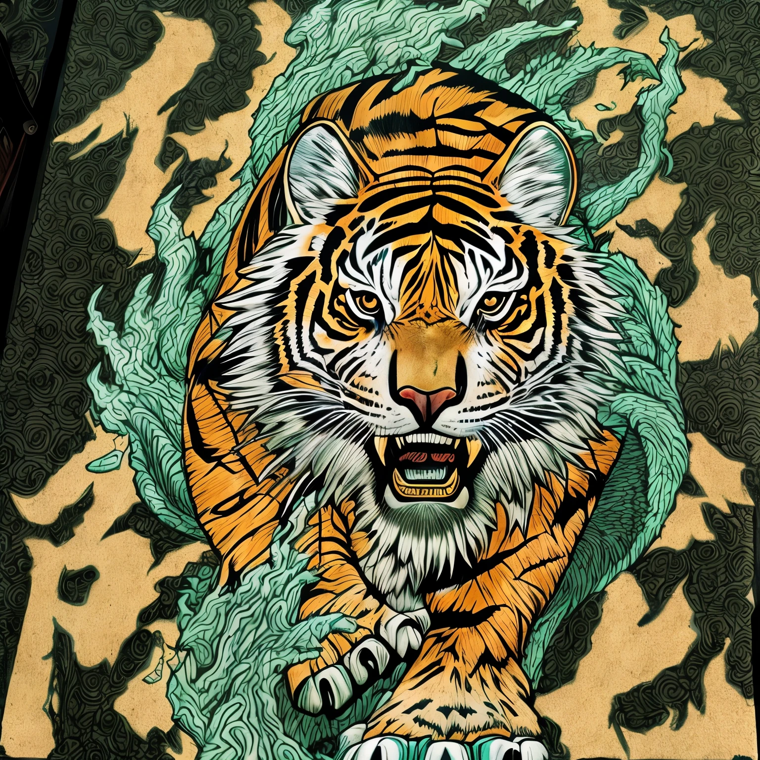 a close up of a tigre on a black shirt with a blue background, ((tigre)), tigre_bestia, inspirado en Kanō Hōgai, por Brian Fies, Mark Brooks detallado, Estilo de Hydro74, inspirado en Kanō Naizen, inspirado en Kawanabe Kyōsai, Estética del arte de Nychos, sacred tigre, a tigre