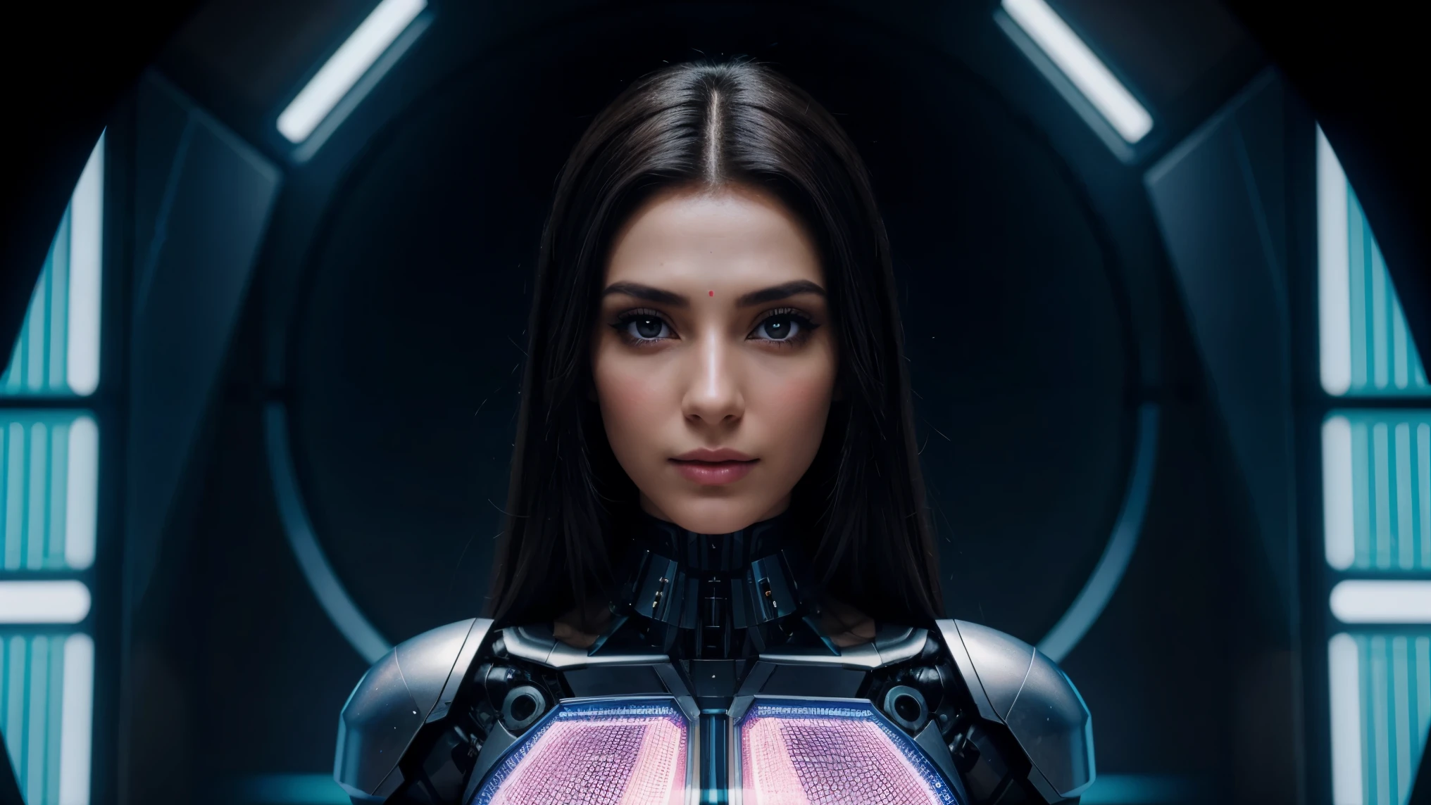 The most beautiful half woman half robot looking straight into the camera with a symmetrical matrix background