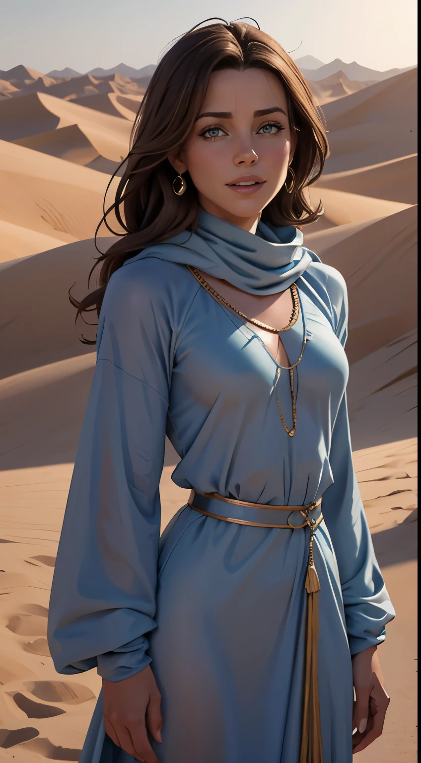 Foto hiperrealista en primer plano de Kate Beckinsale, Create dystopian masterpieces. in a full cover bedouin bedouin costume (light blue long tunic) on the desert, beautiful woman, skinny, small breasts, straight brown hair, detailed face, smile, photo taken from a distance, age 20 tears old