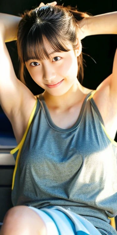 Japanese female college student with ponytail、((sweaty、Hair wet with smelly oil、arms raised、dark armpits、naked:1.7))