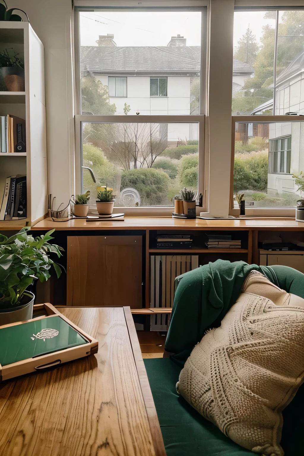 Capturing the Serene Vibes of a Cozy Home Office: imagine o conforto na atitude, the heat of coffee, uma playlist lo-fi, personalized workspaces, creative breaks and friendly virtual connections." Don't show anyone, apenas a paisagem pela janela em um dia chuvoso