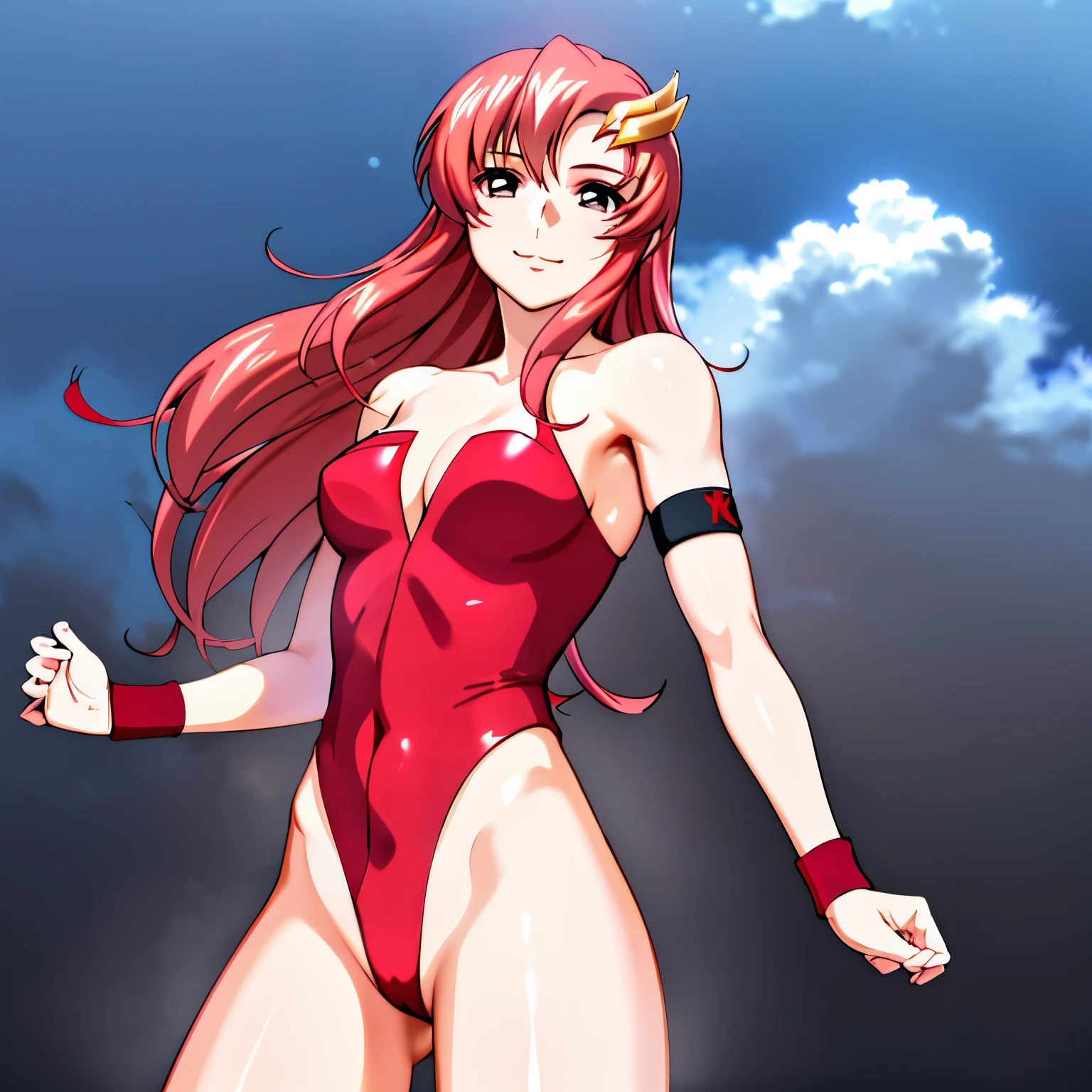 lacus4, 1 girl, hands on stomach, (masterpiece, strapless, (very slim shoulders), 4K, Best Quality, Anime style: 1.9, happy, Adult Woman, (ultra detailed head), (cloud background, white skin), Drawing lines, high resolution, lacus4), 1girl, Solo, curvy figure, Long hair, 鎖骨, scapular, (Detailed wide hair bangs, Hair Ornament, Detailed reddish-pink hair, shiny streaks, slim arms, detailed golden crest), cleavage, large hands, (hair cover shoulders). (Big blue eyes, shiny eyes), ((female wrestler, (slim body), little biceps, slim arms, closed fists, thighs)), ((perfect proportions, medium breasts, long belly)), (((very tight leotard, crimson strapless leotard, red arm band, neck band))), smile, (standing, hot colors), detailed fingers, (bare shoulders)