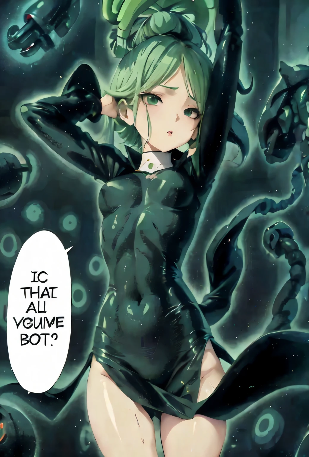 a cartoon image of a woman in a black jumpsuit and green hair, perfect android girl, Tatsumaki de um homem de soco, android heroin, robotic anime mixed with organic, anime manga robot!! anime, Quebrado bonito android feminino!, detalhes finos. anime. tentacles, Tatsumaki com cabelo cacheado verde, gynoid body, fully robotic!! garota-gato sexy