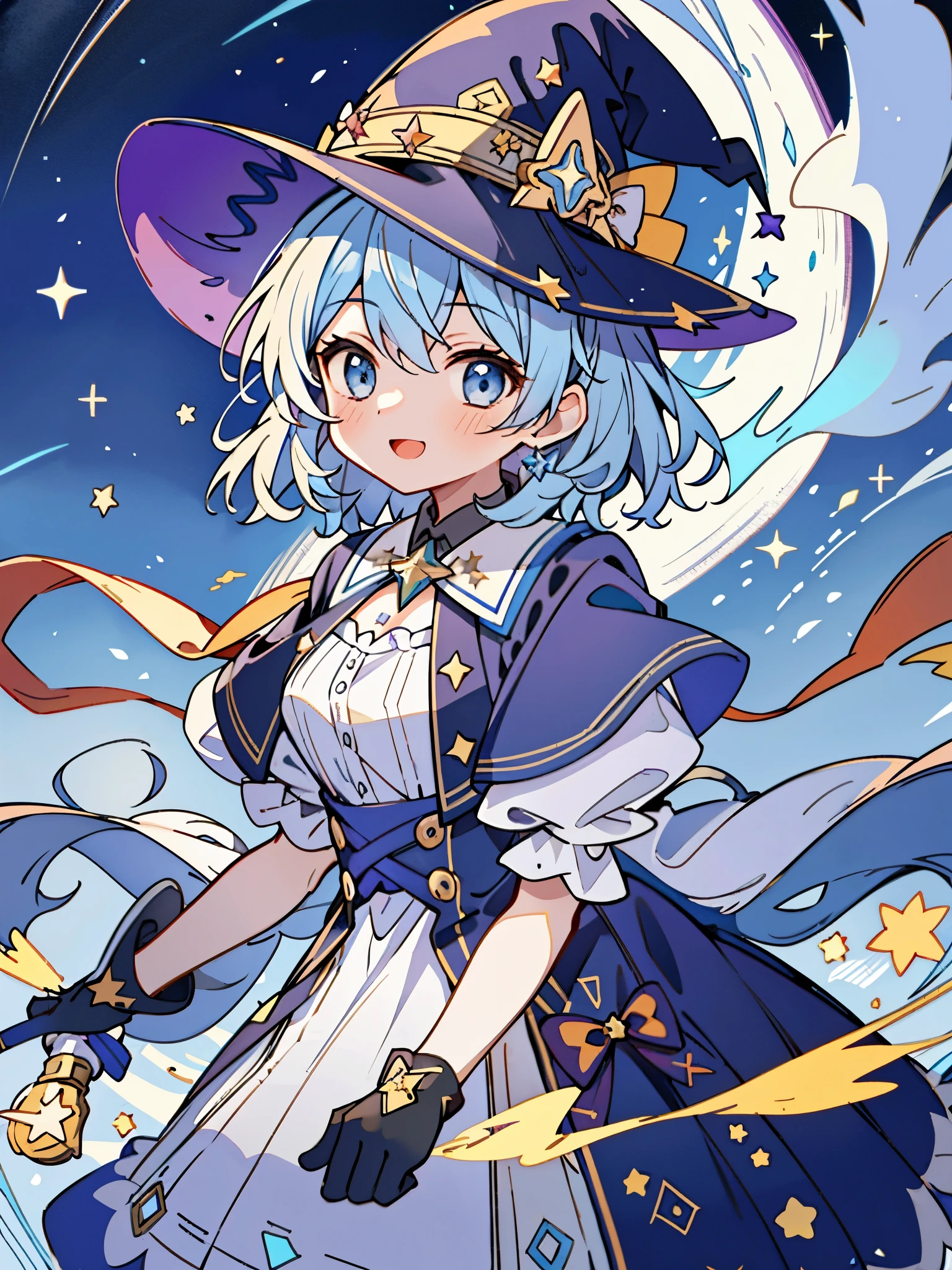 ((masterpiece:1.2, best quality)), 1girl, solo, (witch hat), a close up of a girl with curl hair, short hair, dress, aurora, night, star (sky), gloves, sky, dress, night sky, open mouth, starry sky, light blue eyes, ribbons, smile, cape, blue hair, magic, casting spell, night, (impressionism:1.4), alphonse mucha, Halloween colors, colorful candy