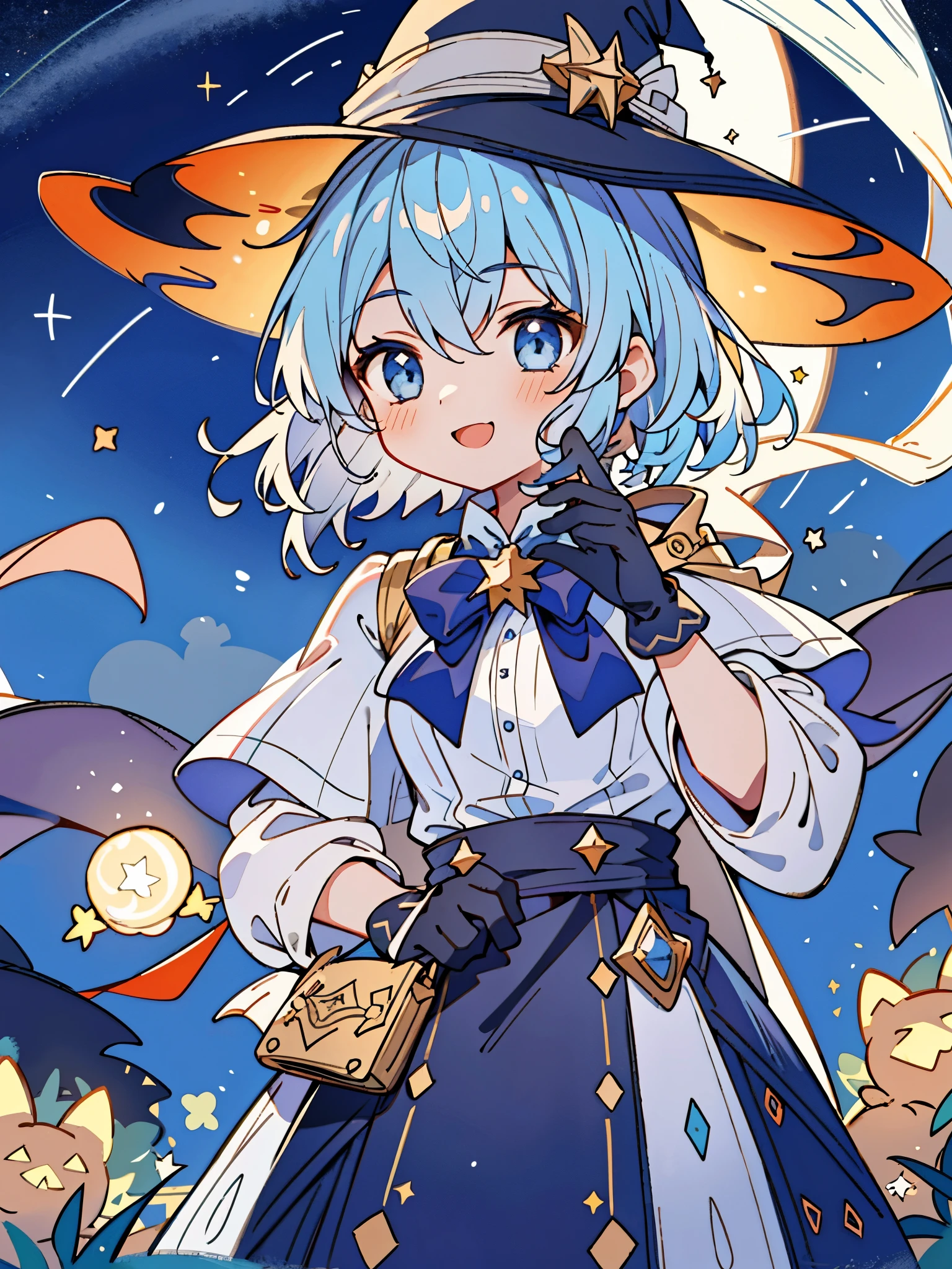 ((masterpiece:1.2, best quality)), 1girl, solo, (witch hat), a close up of a girl with curl hair, short hair, dress, aurora, night, star (sky), gloves, sky, dress, night sky, open mouth, starry sky, light blue eyes, ribbons, smile, cape, blue hair, magic, casting spell, night, (impressionism:1.4), alphonse mucha, Halloween colors, colorful candy