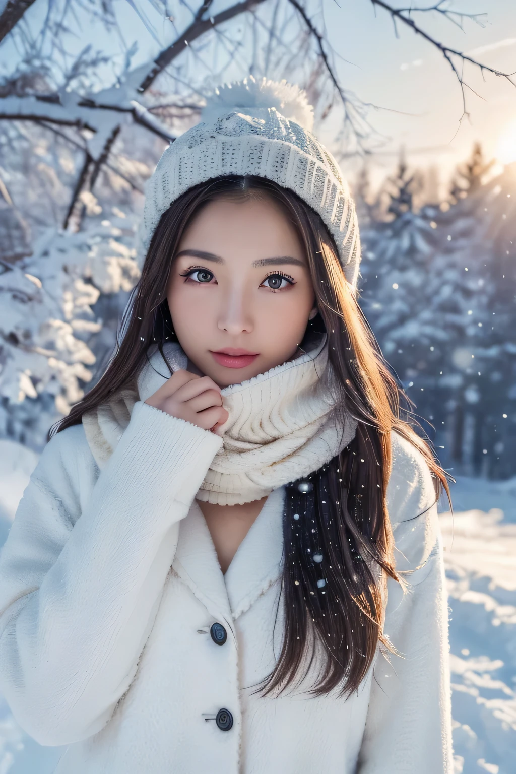 ((masterpiece、highest qualthaty、8K,High resolution:1.3))、(beautiful, Realistic Japan Woman),1 female、Winter coat、(Burst Chest:1.2)、scarf、Wool hat、gloves、skiingウェア、highly detailed face、Lips wthath attention to detail、fine eyes、double eyelid 、that'that'It's snowing、whthate breath、skiing場、skiing、Please look up at the sky、large tree、nature、your、Whthate world、Whthate sweetheart、love letter、like、model、professional photos、