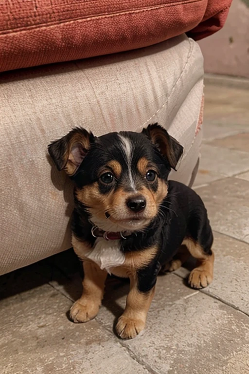 Perro color clanco, Small in size, raza mestiza entre caniche y salchicha, con la cola cortada y cara de malo