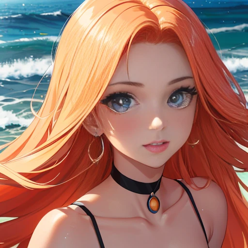 Gere uma imagem de um close extremo da face de uma bela, mulher ruiva ( de boca aberta), com expressivos olhos castanhos, um delicado, nariz empinado, softly outlined lips, sobrancelhas bem definidas e cabelos ruivos caindo em ondas suaves sobre os ombros. Highlight radiant and friendly facial expression, providing a unique and captivating look."