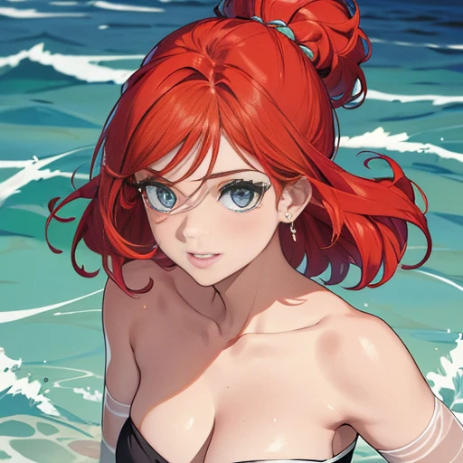 Satsuki Nakano, Itsuki Nakano, 2D, masterpiece, highest quality, anime dick, very detailed, 1 girl, alone, (extreme close up:1.3), Masaki Nakano, red hair, long hair, star hair ornament, Ahoge, (red bikini:1.3), Ocean中の背景, (in water:1.3), was lying down happily, (hairpin:1.2), middle chest, swim, Ocean, A smile, highest quality, 8K, Super detailed, photorealistic,