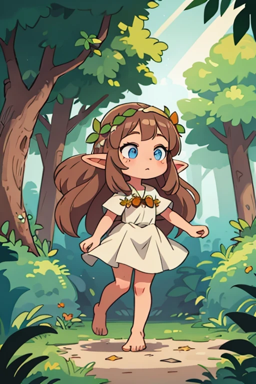 Elf girl with long wavy light brown hair in a white dress with a wreath on her head and light blue eyes in the forest barefoot 
