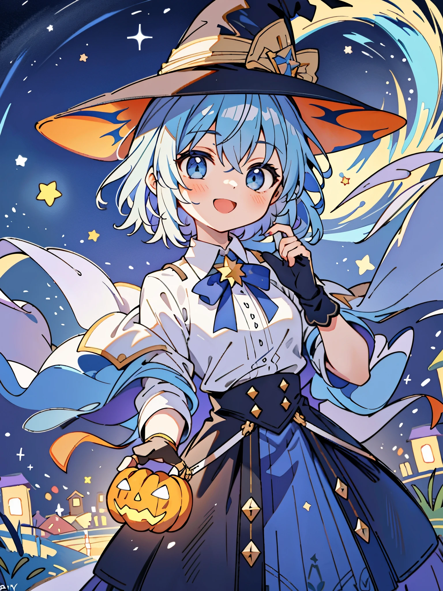 ((masterpiece:1.2, best quality)), 1girl, solo, (witch hat), a close up of a girl with curl hair, short hair, dress, aurora, night, star (sky), gloves, sky, dress, night sky, open mouth, starry sky, light blue eyes, ribbons, smile, cape, blue hair, magic, casting spell, night, (impressionism:1.4), alphonse mucha, Halloween colors, colorful candy