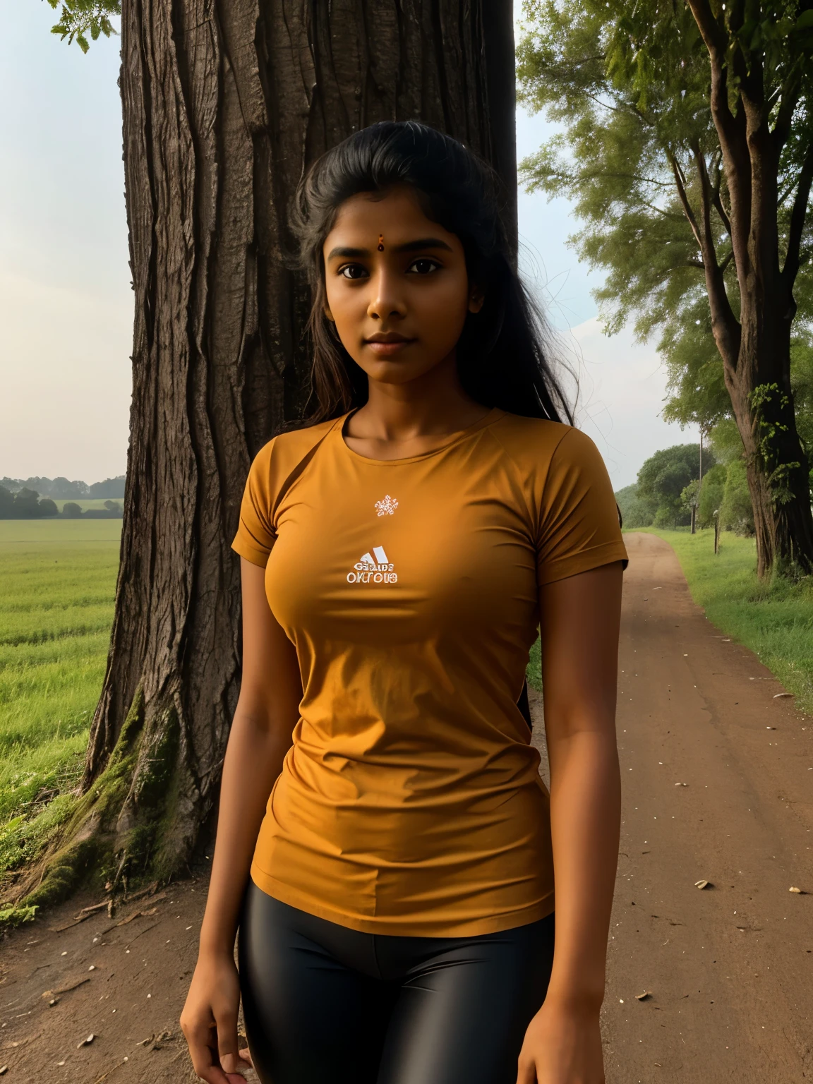 Rural area, beautiful brown Tamil girl, eyes symmetry, face symmetry, hungry, tired, dull face, standing near a tree on the road side, barefoot, (wearing churidar and leggings), thin, tall, charismatic, cute, HDR, hyper realistic