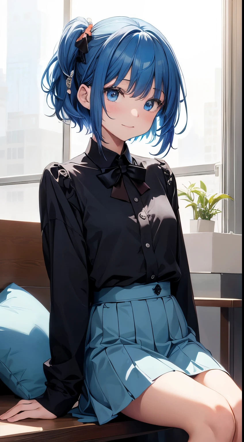 ​masterpiece、top-quality、Movie stills、One girl、、(a closeup:1.1)、发光、Happiness、A delightful、Soft lighting、(Bauhaus、form、Line、abstracted:1.1)Gilji Blue Hair Short Hair、butterflys々、Black long skirt((​masterpiece)), deadpan, (((top-quality))), ((illustratio)),
1girl in,, ((独奏)), (详细的脸), (Beautiful details), Bright eye, blue eyess, ((dishevled hair)), 
A smile、blank stare、sitting on、((Facing to the side))、
Bow Tie Hair Band、Black transparent skirt、noble、Mystical、
Bright background、write、
(magazine:1.1), (cover-style:1.1), Fashionable, femele, with a vibrant, outfits, the pose, the front, Colorful, Dynamic, Background with, element, I'm confident, expresive, ngel, statement, accessorized, An majestic, coiled, surroundings, Touch, The scene, Texto, covers, It's bold, captures the attention, Titles, Stylish,  Catchy, headline, The large, Impressive, moderno, Trendy, Focus, lo fashion,Gilji Bluehair Shorthair、Gilji Blue Hair Short Hair、Gilji Bluehair Shorthair, Wearing a suit