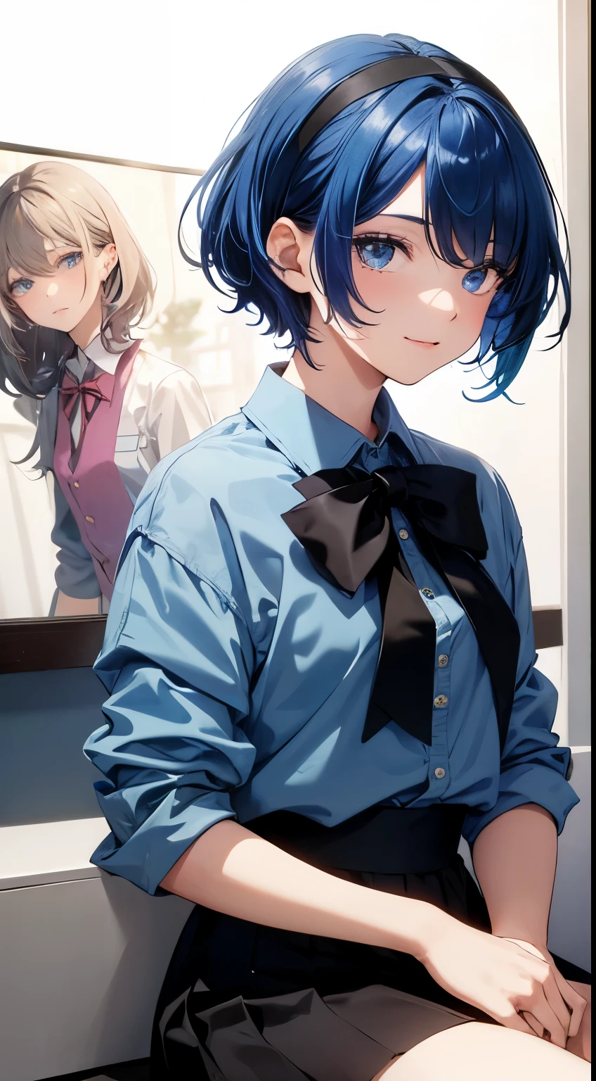 ​masterpiece、top-quality、Movie stills、One girl、、(a closeup:1.1)、发光、Happiness、A delightful、Soft lighting、(Bauhaus、form、Line、abstracted:1.1)Gilji Blue Hair Short Hair、butterflys々、Black long skirt((​masterpiece)), deadpan, (((top-quality))), ((illustratio)),
1girl in,, ((独奏)), (详细的脸), (Beautiful details), Bright eye, blue eyess, ((dishevled hair)), 
A smile、blank stare、sitting on、((Facing to the side))、
Bow Tie Hair Band、Black transparent skirt、noble、Mystical、
Bright background、write、
(magazine:1.1), (cover-style:1.1), Fashionable, femele, with a vibrant, outfits, the pose, the front, Colorful, Dynamic, Background with, element, I'm confident, expresive, ngel, statement, accessorized, An majestic, coiled, surroundings, Touch, The scene, Texto, covers, It's bold, captures the attention, Titles, Stylish,  Catchy, headline, The large, Impressive, moderno, Trendy, Focus, lo fashion,Gilji Bluehair Shorthair、Gilji Blue Hair Short Hair、Gilji Bluehair Shorthair, Wearing a suit