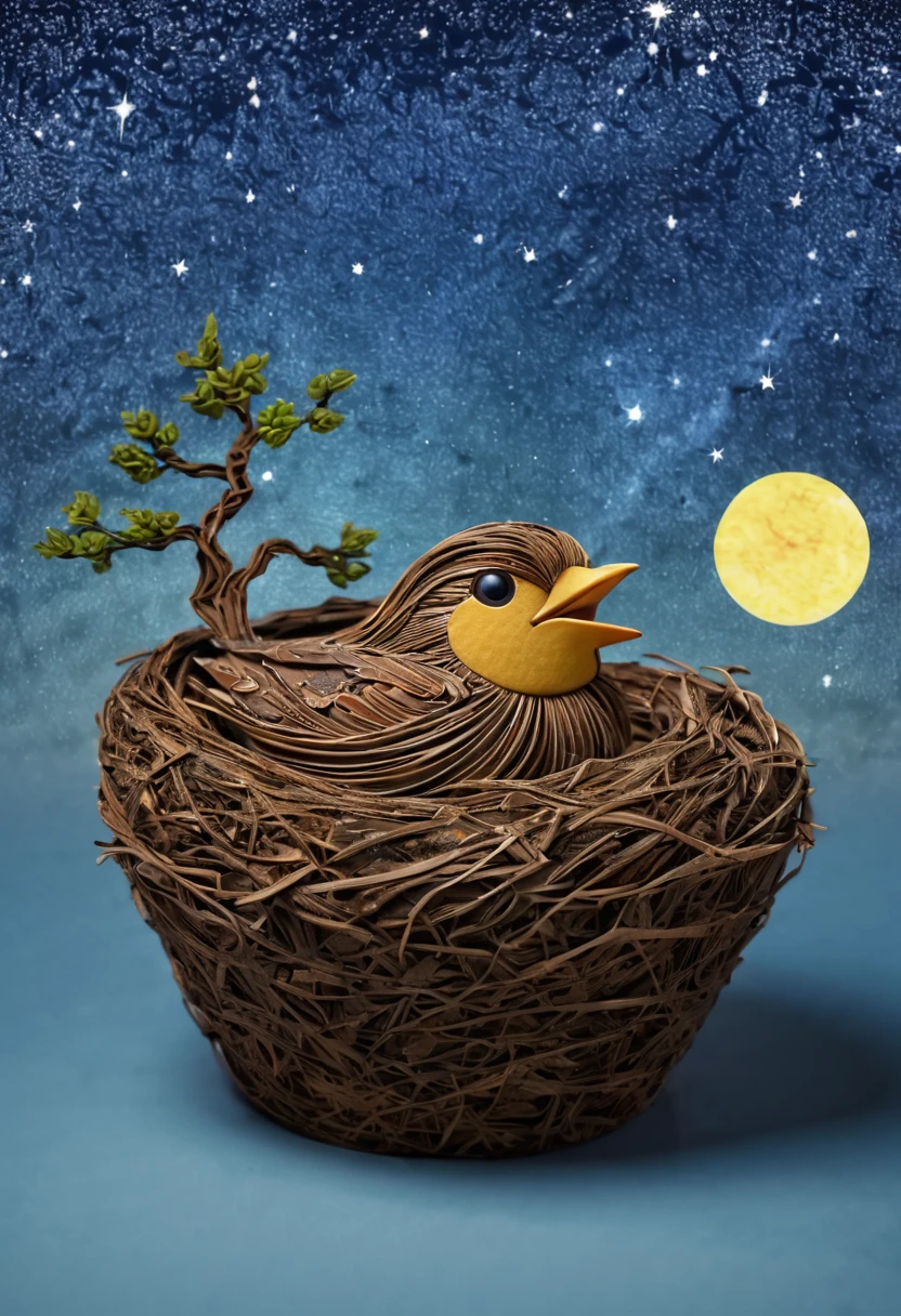 a newborn bird, the bird is abnormally fat and the nest is located in a bonsai, the nest breaks due to the weight of the chick and the chick falls, in a pot, surreal, funny, comic, starry sky, zentangle, origami, cinematic, emotional, epic, vincent van gogh,....by my self...lol